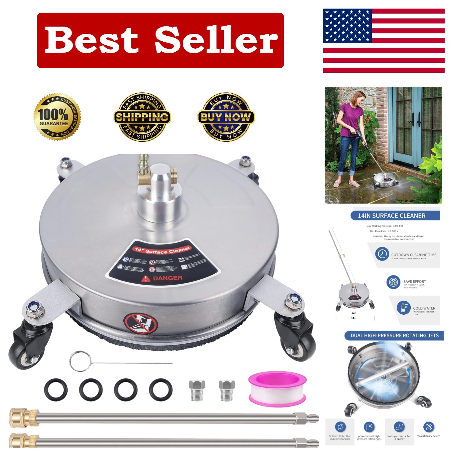 Professional 14″ Surface Cleaner: 4000 PSI, Stainless Steel with 4 Wheels