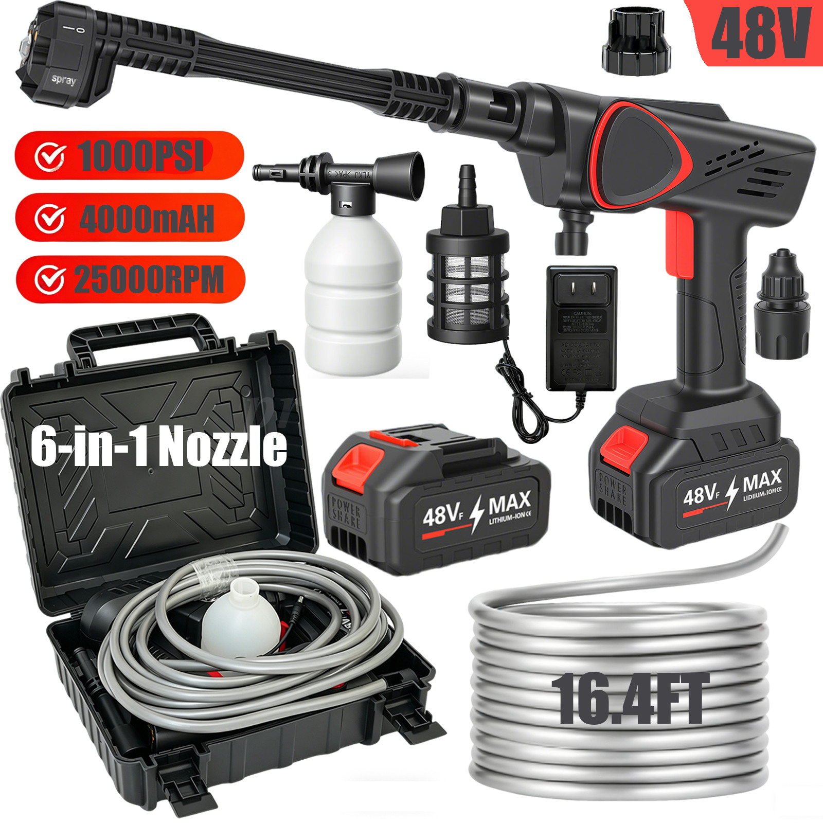 48V Cordless Pressure Washer 1000 PSI Portable Power Washer with 6-in-1 Nozzle