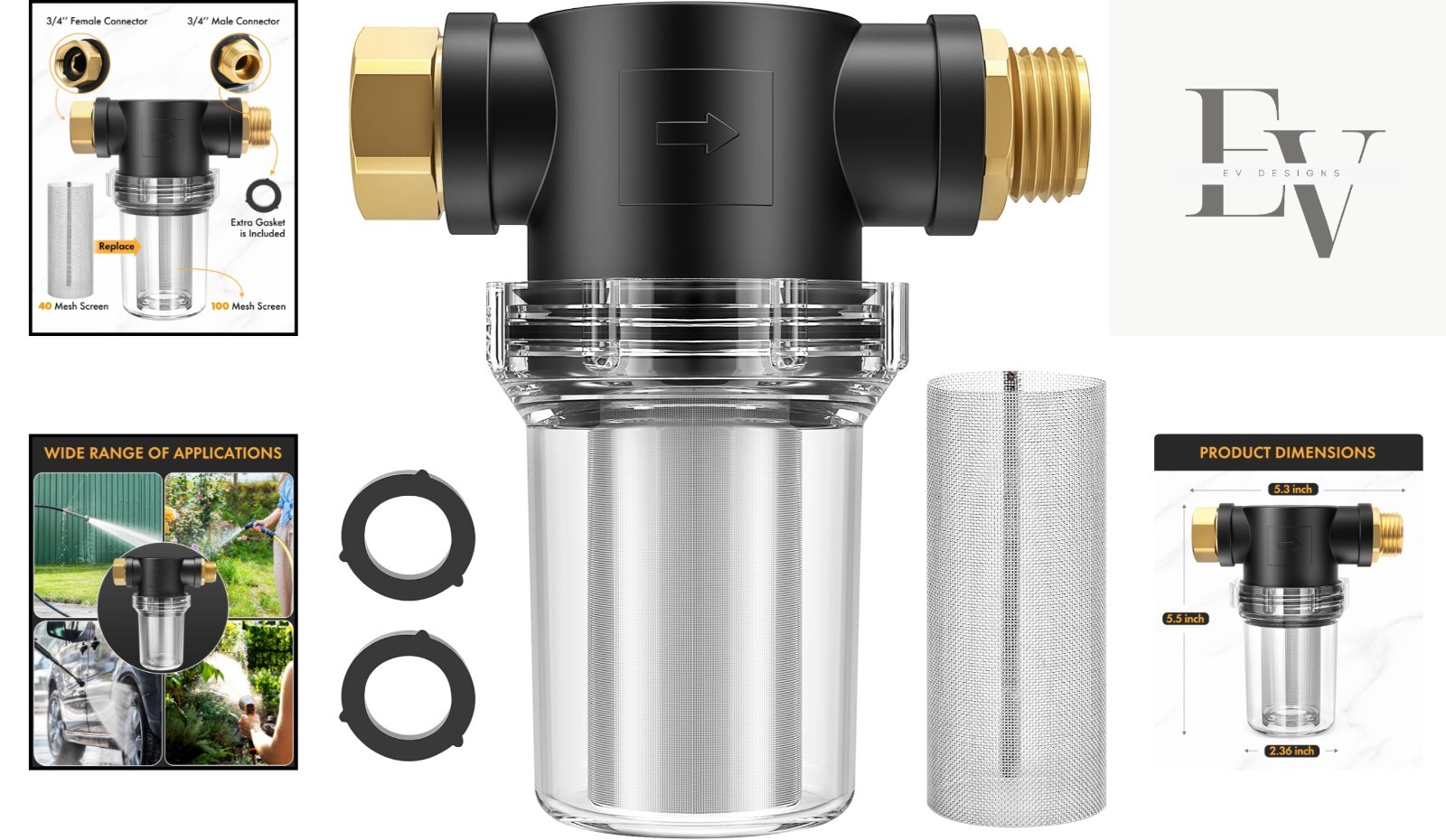Garden Hose Filter – 100 Mesh & 40 Mesh with 2 Pcs O-Ring Included
