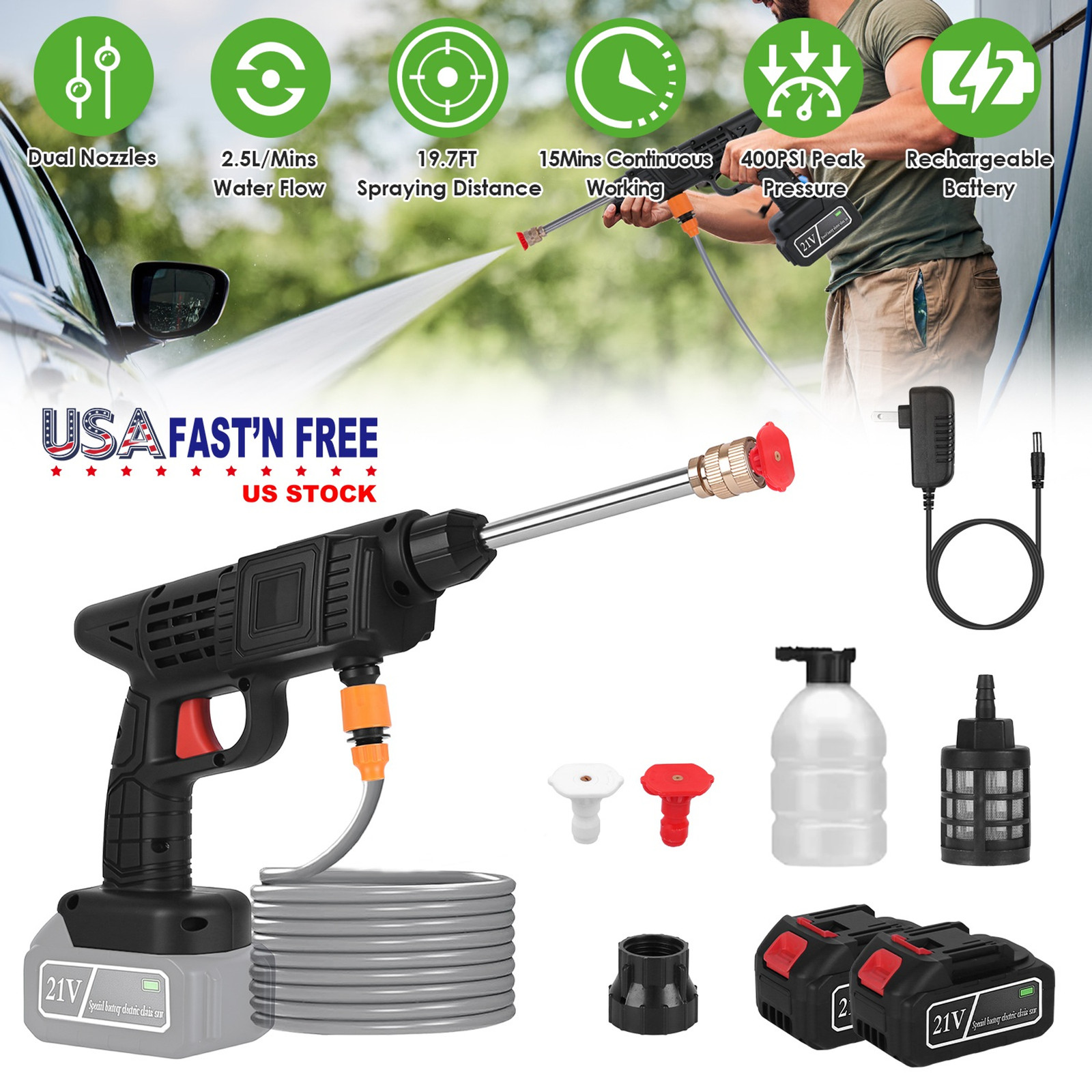 Cordless Pressure Washer Portable Electric Power Dual Nuzzal Fast Shipping
