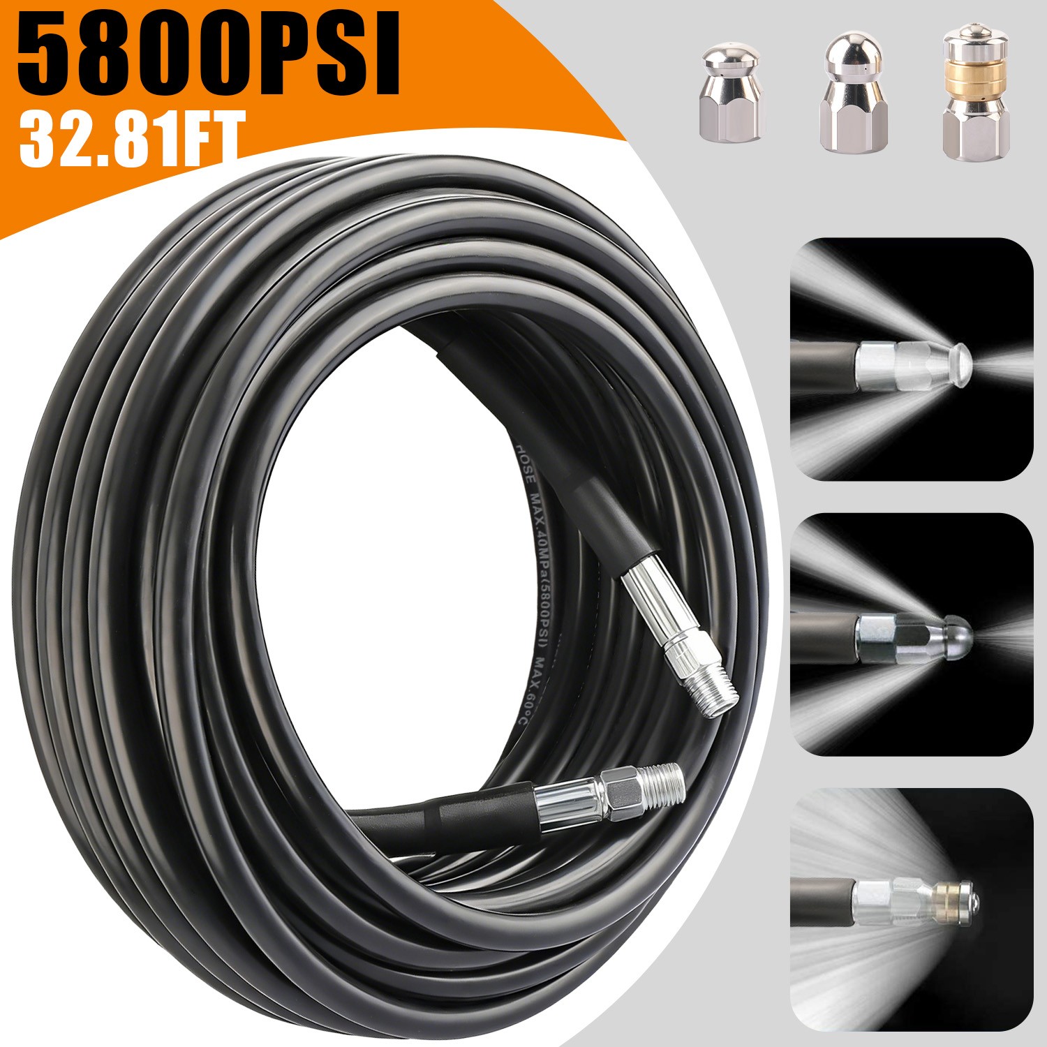 32.8FT Sewer Jetter Nozzles Kit Drain Cleaning Hose for Pressure Washer 5800PSI