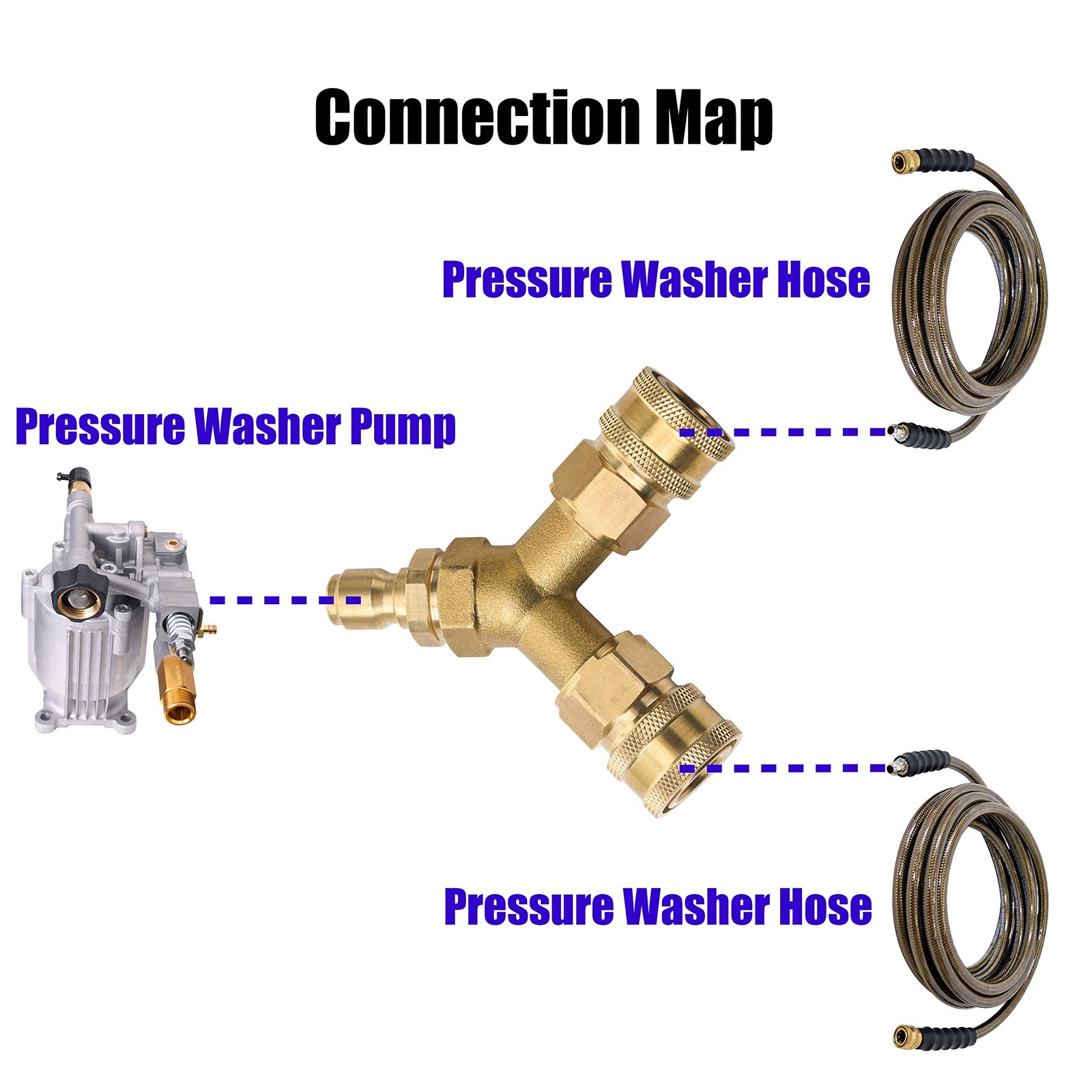 Pressure Washer Tee Splitter Coupler 3/8 Inch Fitting Two Gun Connector