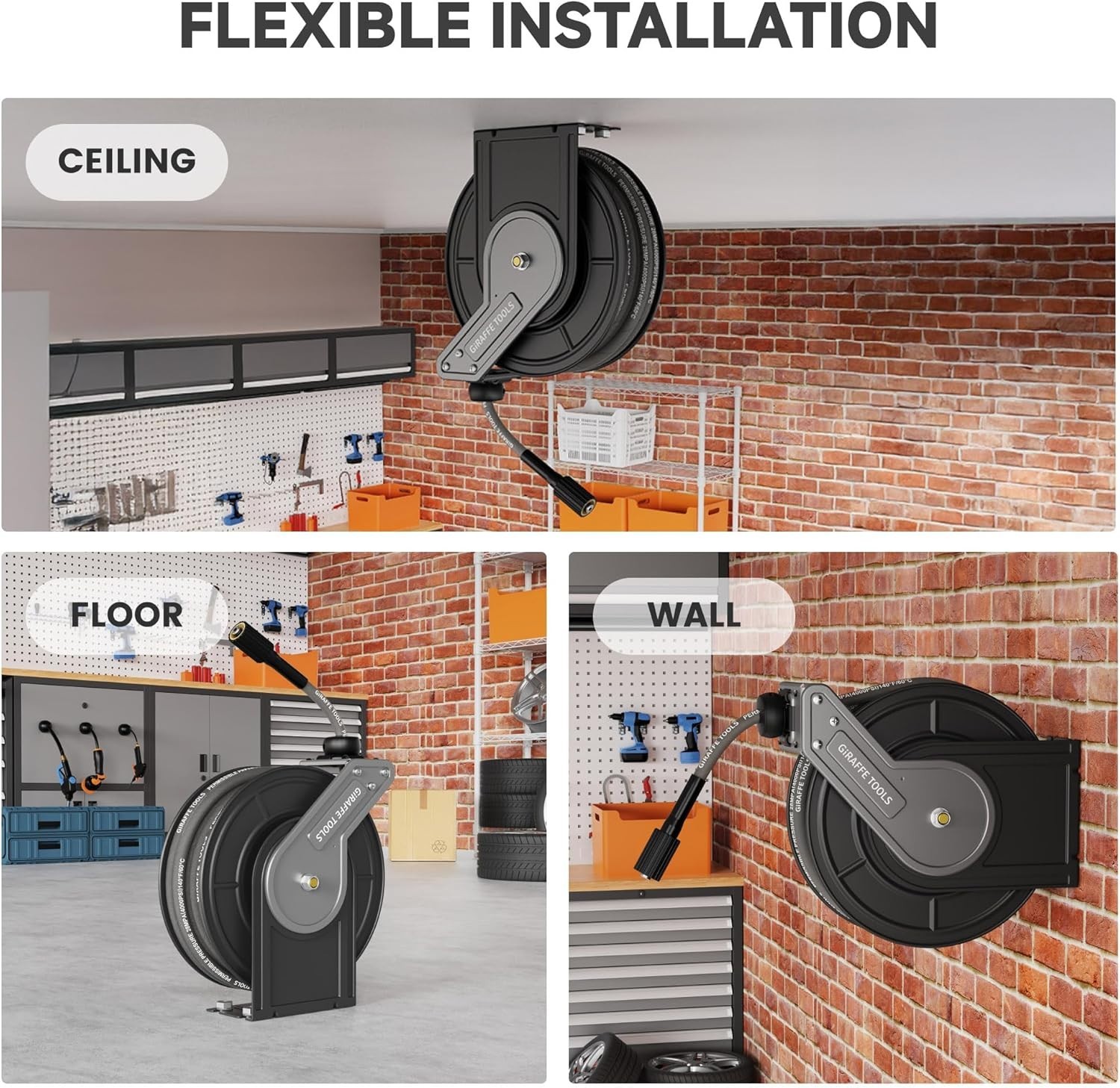 Giraffe Tools 60ft Pressure Washer Hose Reel, Max 4000PSI Retractable Power Hose
