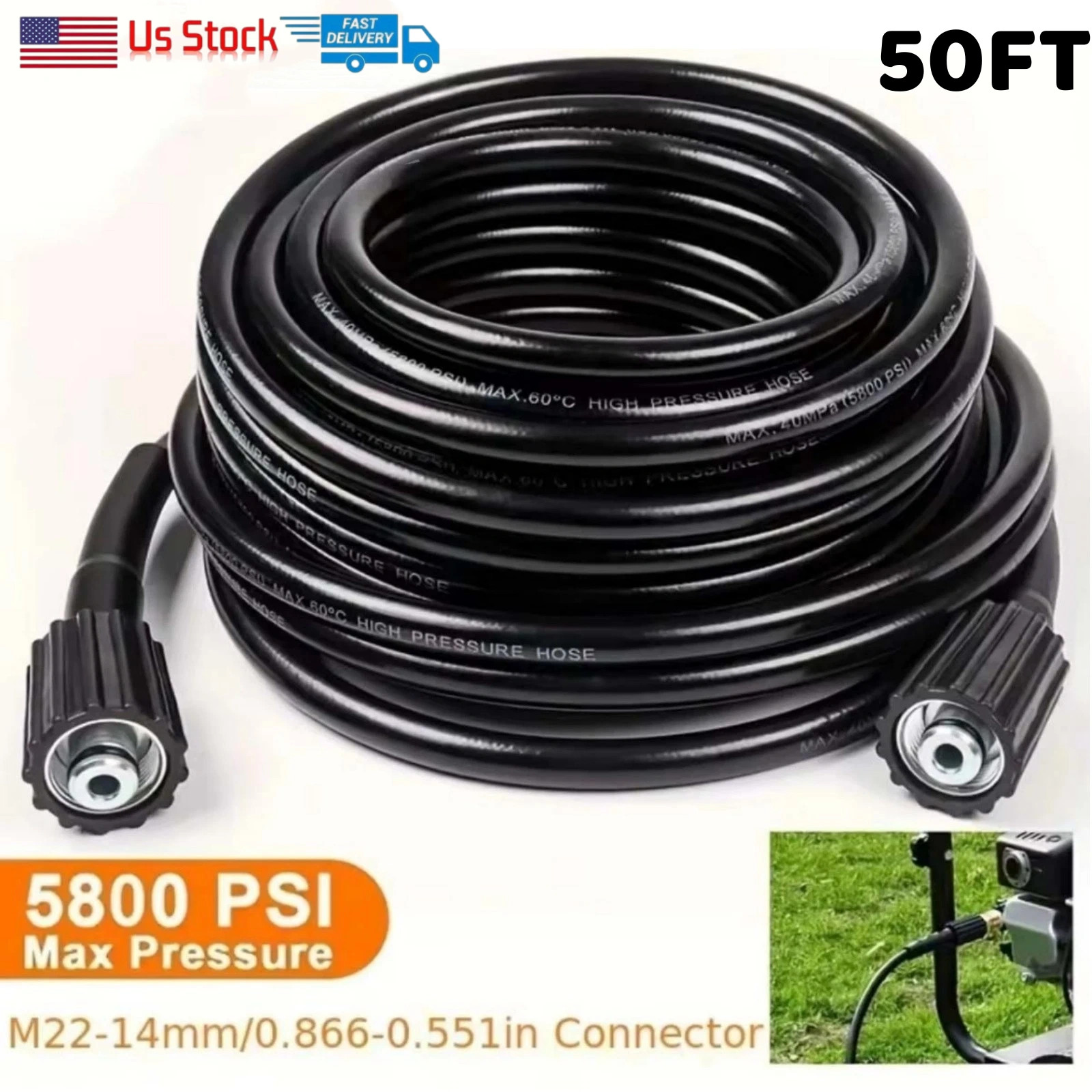 50FT High Pressure Washer Hose 5800 PSI M22-14MM Power Washer Extension Hose