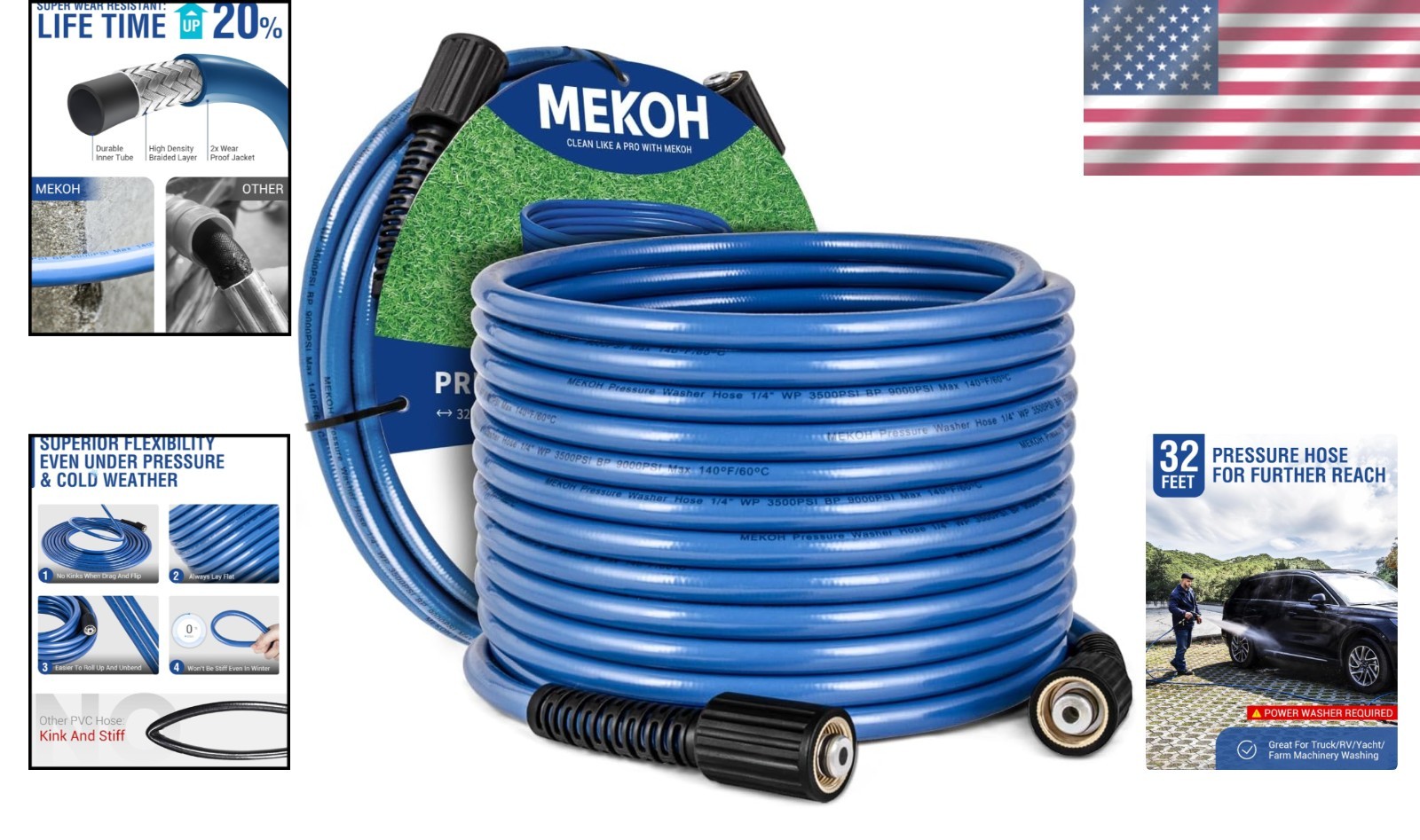32ft Kink-Free Pressure Washer Extension Hose – Perfect for Car and Garden Wash