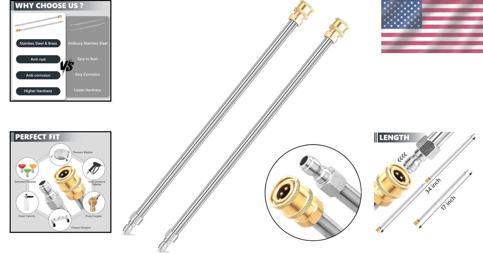 2 Pack 17in Pressure Washer Extension Wand 1/4 Inch Quick Connect Lance