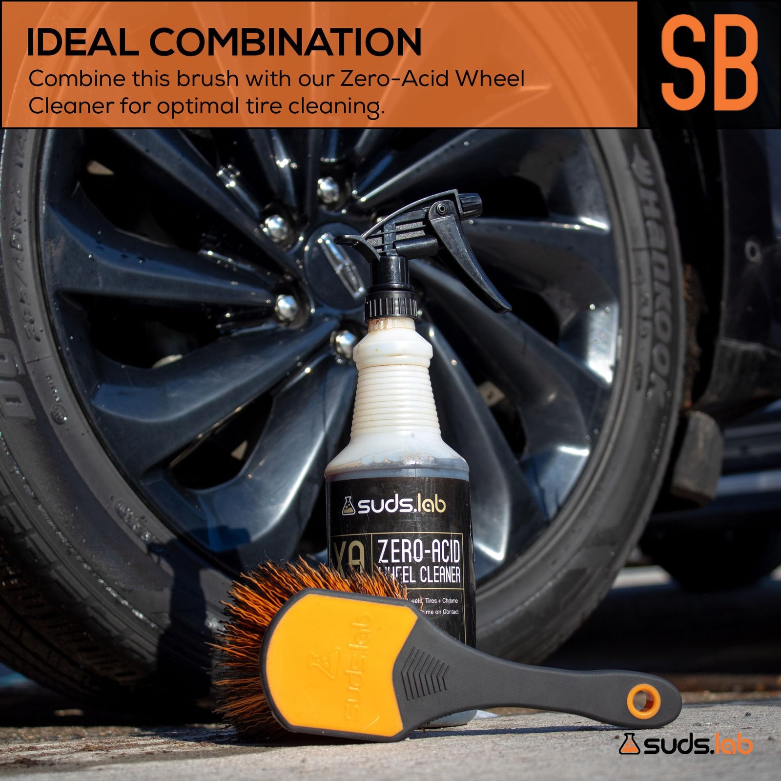 Suds Lab Wheel Spoke Brush Rubberized Handle Soft Bristle Black and Orange