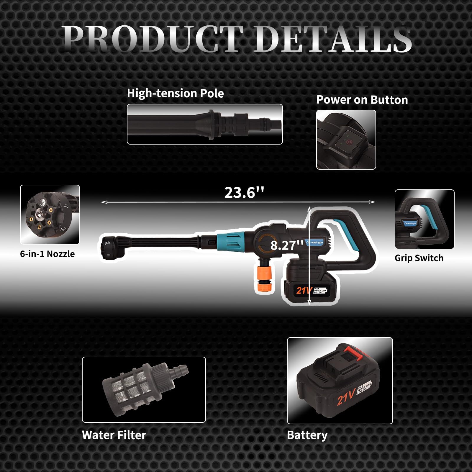 Cordless Pressure Washer 652 PSI Power Cleaner 6-in-1 3-Speed Adjustment