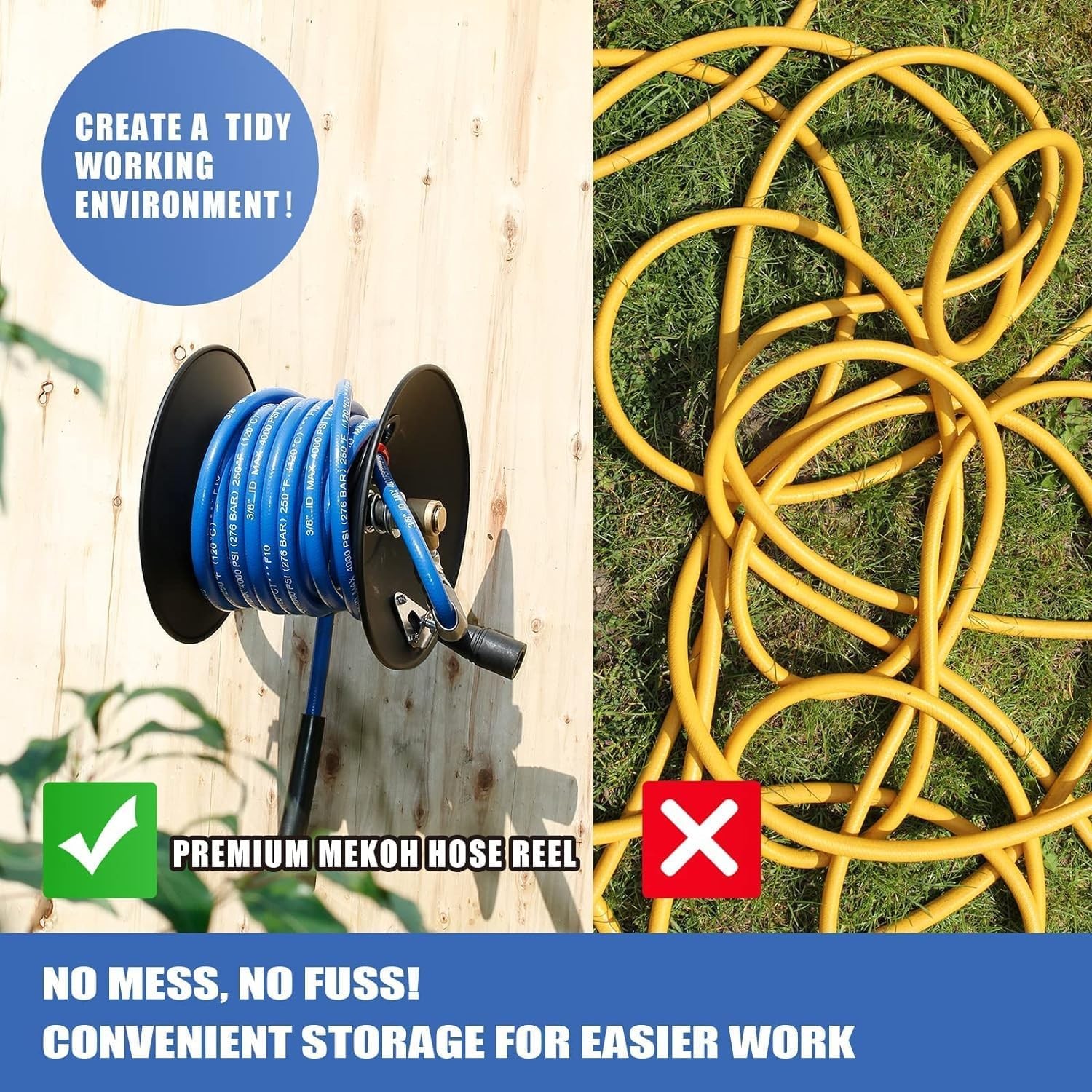 MEKOH Pressure Washer Hose Reel 50ftx3/8” / 65ftx1/4”, 4000PSI Washer Hose Reel