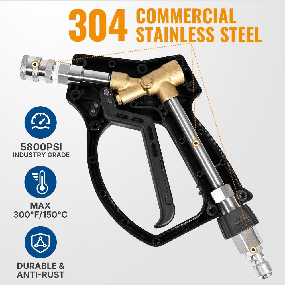 YAMATIC Stainless Steel Short Pressure Washer Gun 5800 PSI, with Quick Connect