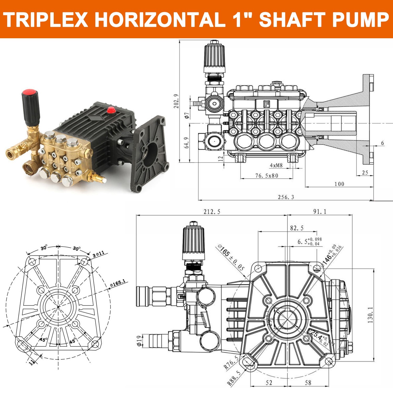 Pressure Washer Pump 4000PSI 4.7GPM 1″ Horizontal Shaft For RSV4G40HDF40EZ