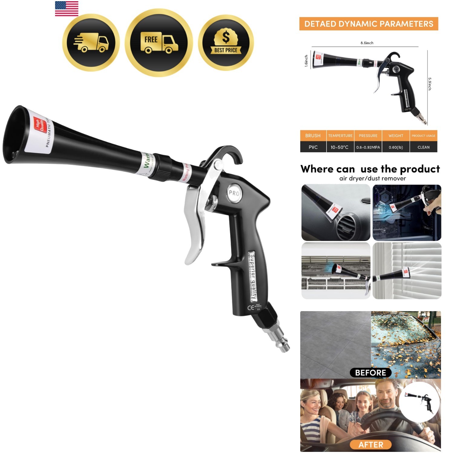 Tornado Air Blow Gun for Car Detailing – High Pressure Dry Cleaning Gun with …