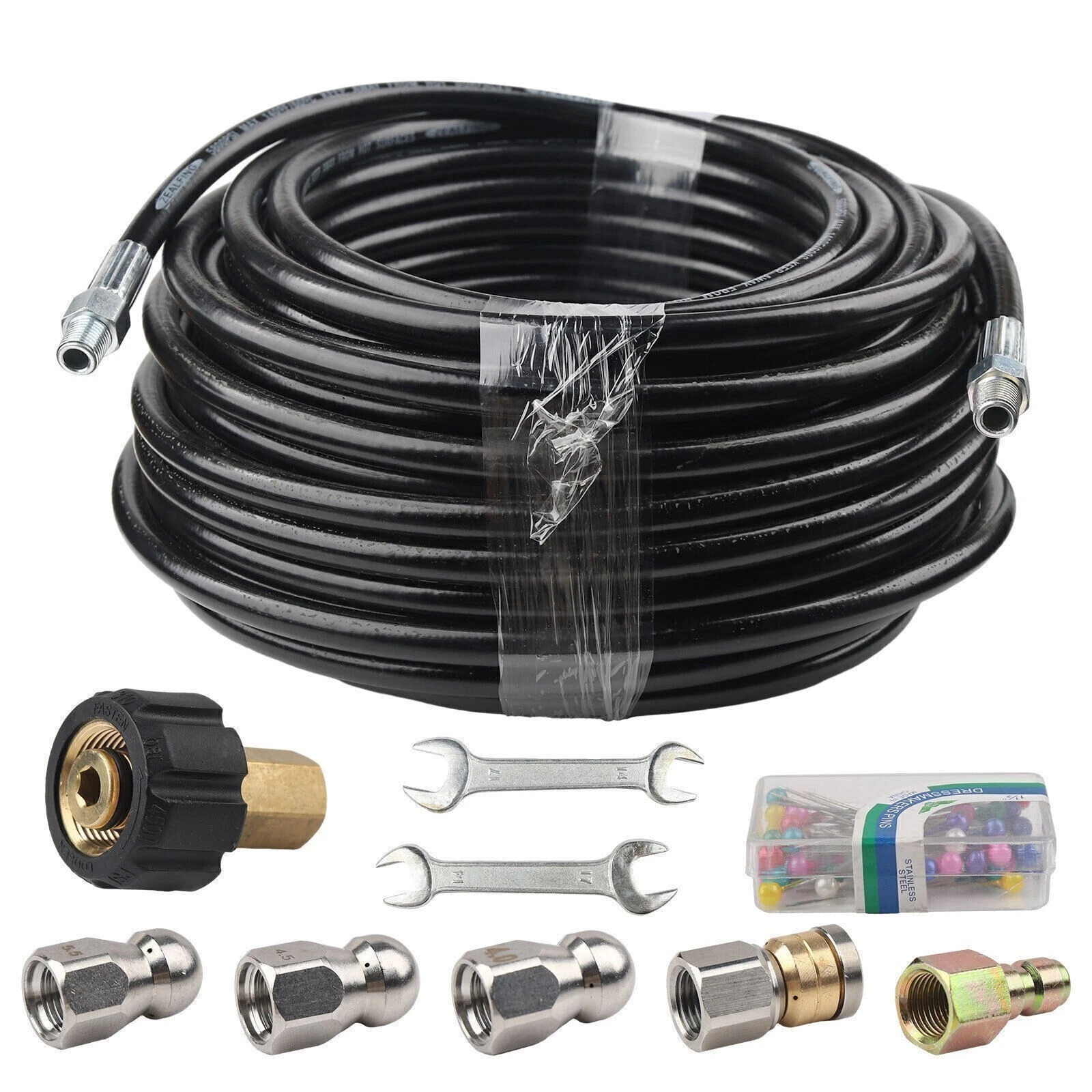 100FT Sewer Jetter Nozzles Kit 4000PSI Drain Cleaning Hose for Pressure Washer