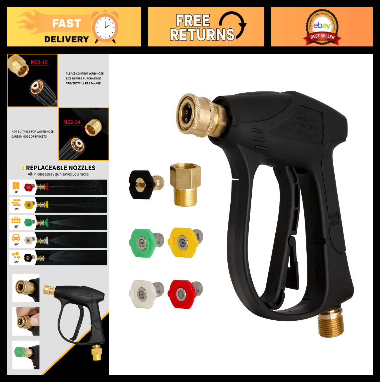 High-Pressure Washer Gun 4350 PSI, 1/4″ Quick Connector, 5 Nozzle Tips, M22 Fitt