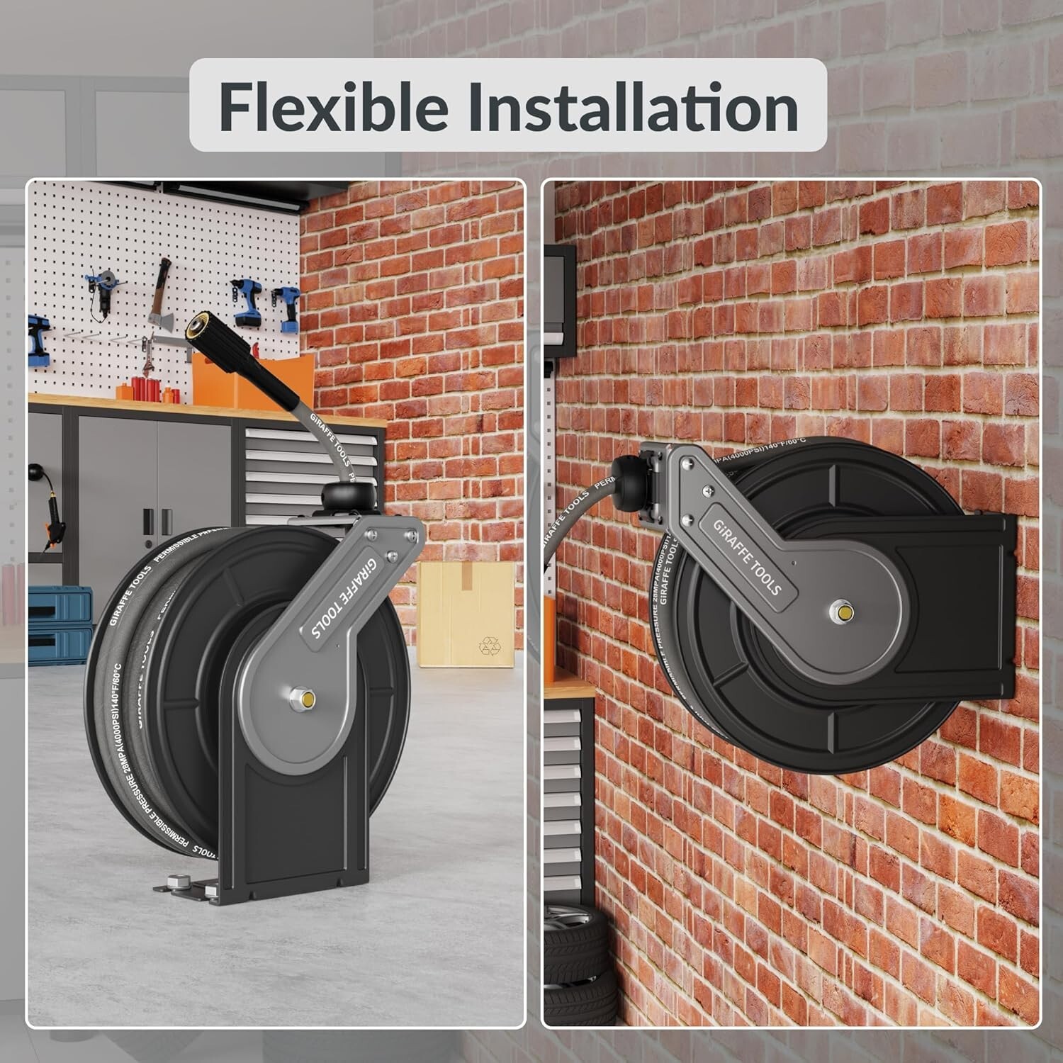Giraffe Tools Retractable Power Pressure Washer Hose Reel 1/4″ x 60 ft, 4000PSI