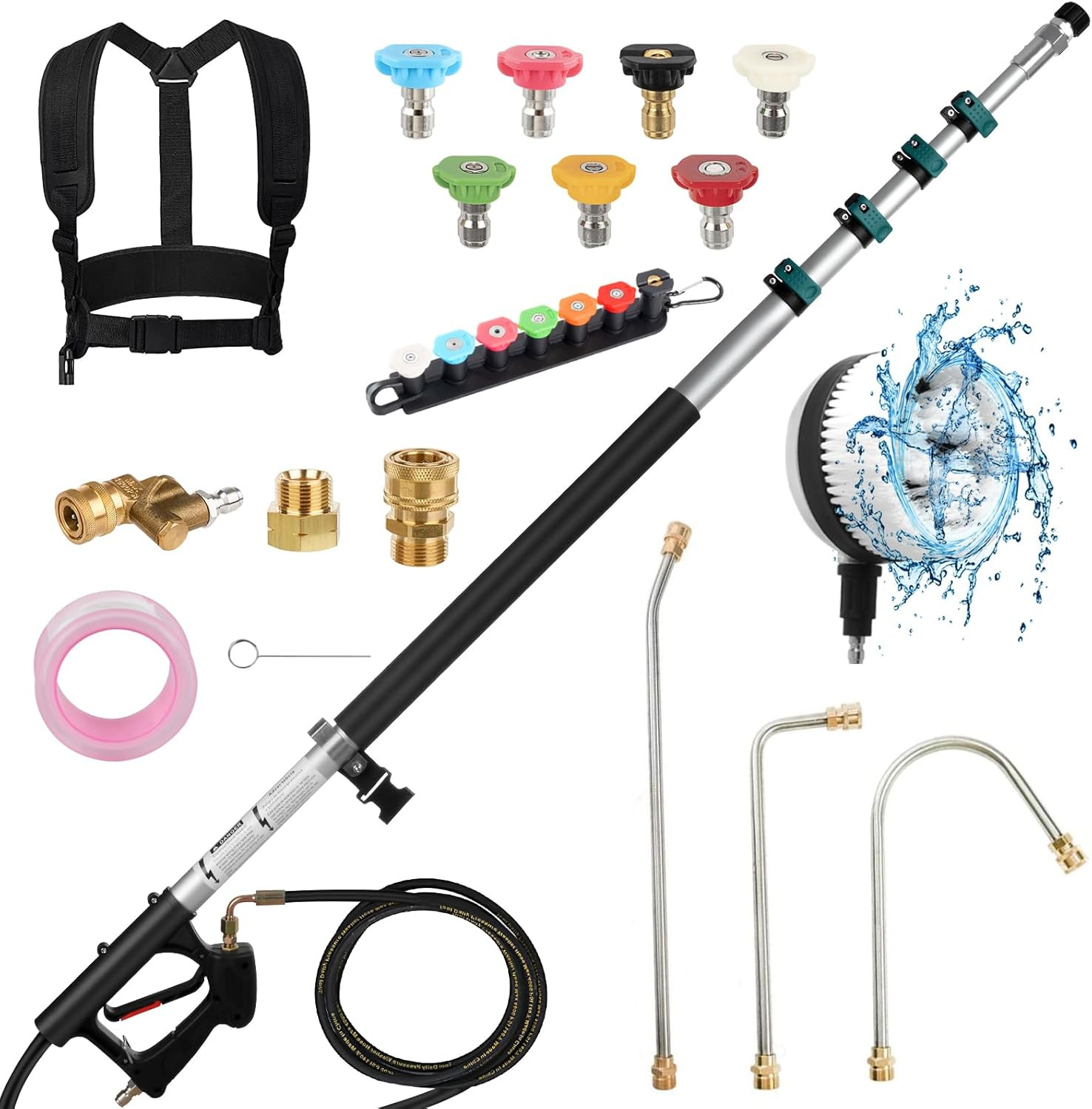 24FT Telescoping Pressure Washer Wand with Rotary Brush & 7 Nozzles