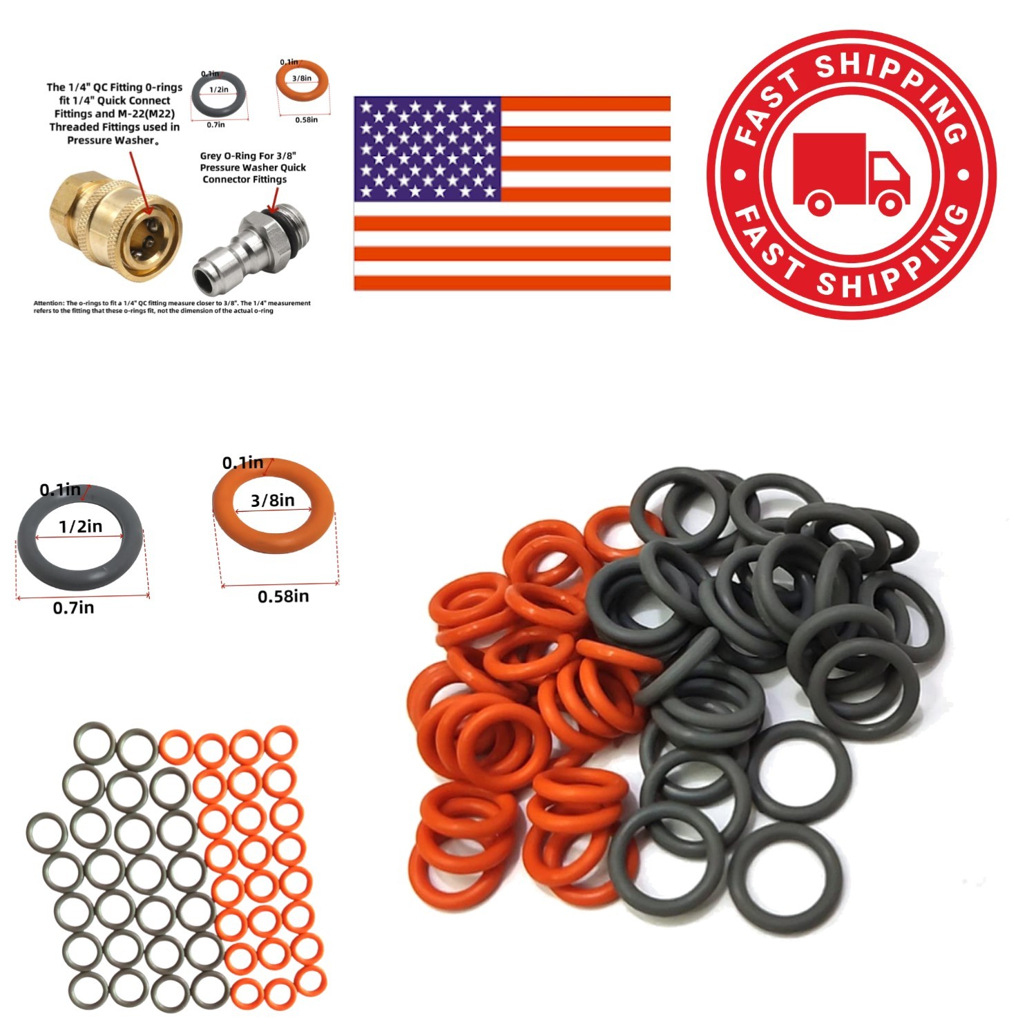 25 Red and 25 Grey O Rings 1/4 Inch and 3/8 Inch for Pressure Washer Connections
