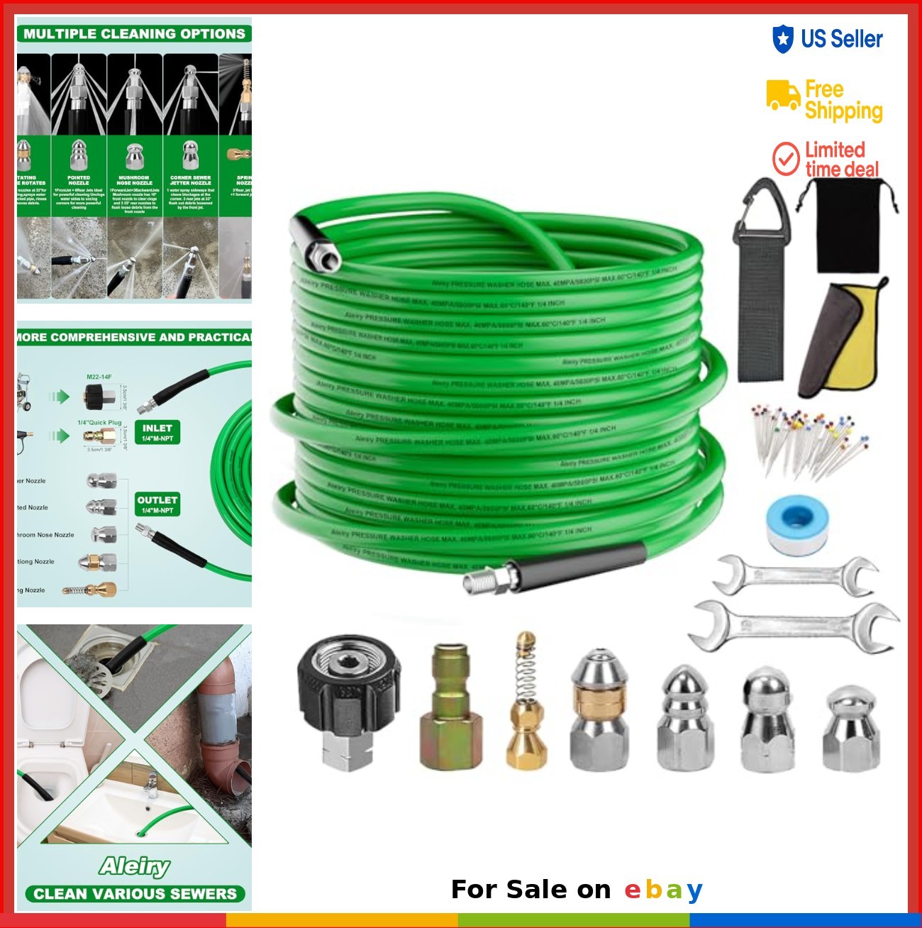 Sewer Jetter Kit 50 FT 5800 PSI 1/4 NPT Drain Cleaning Hose 5 Nozzles Rotating