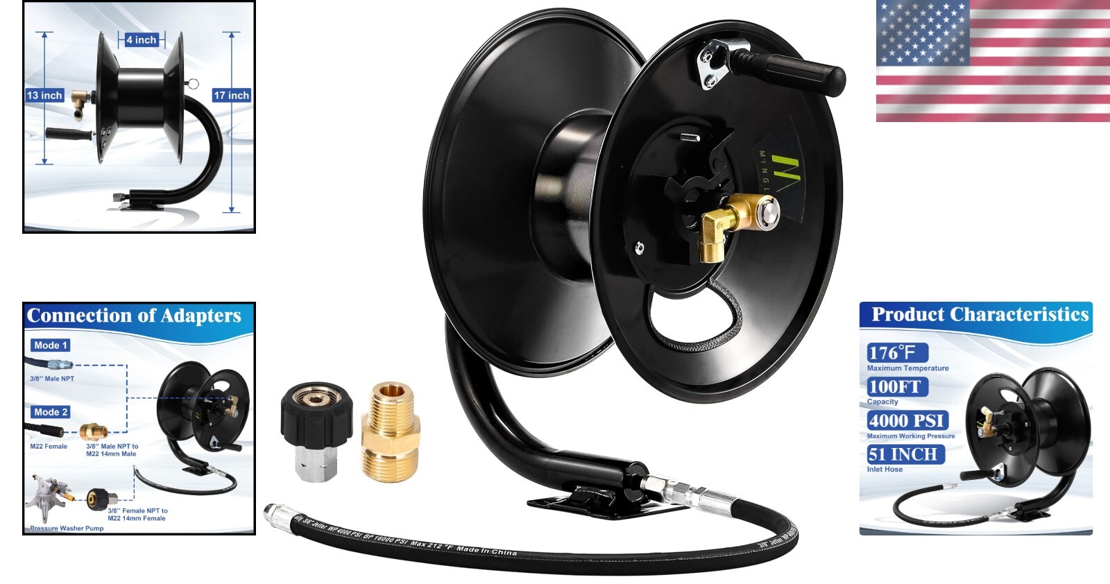 Manual Crank 100ft Hose Reel for Pressure Washers – 4000 PSI Steel Construction
