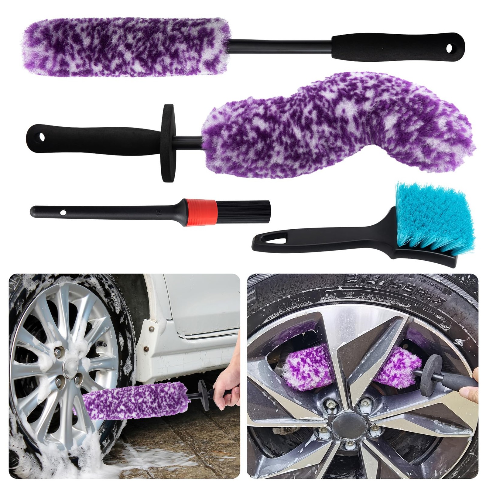 KLeXiC 4 Pack Wheel Tire Cleaning Brush Kit Cars L & M, Purple & White