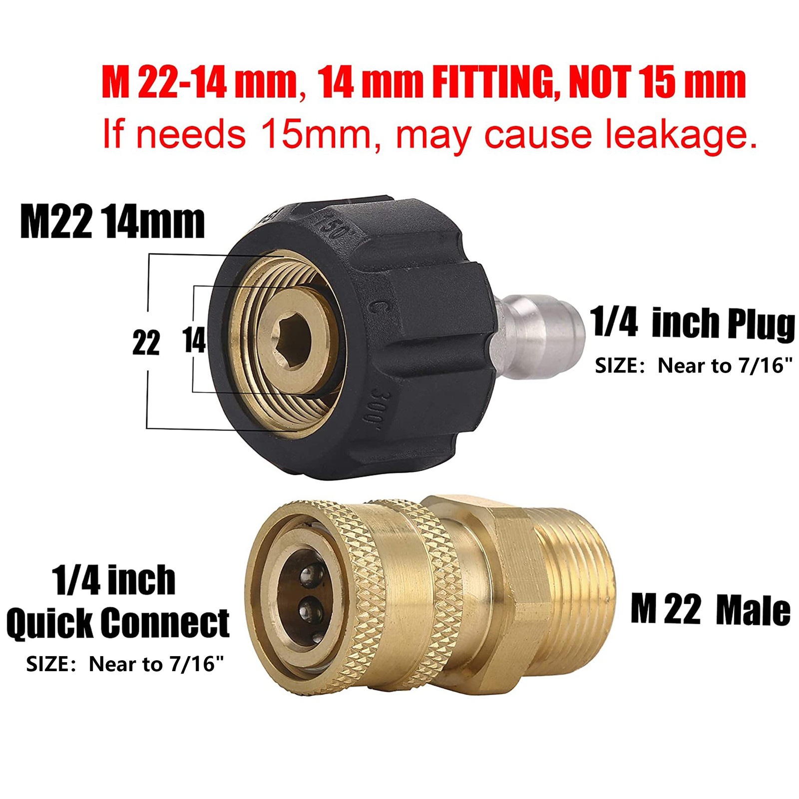 Pressure Washer Adapter Set Quick Connect Gun to Wand M22 14mm to 1/4 Inch