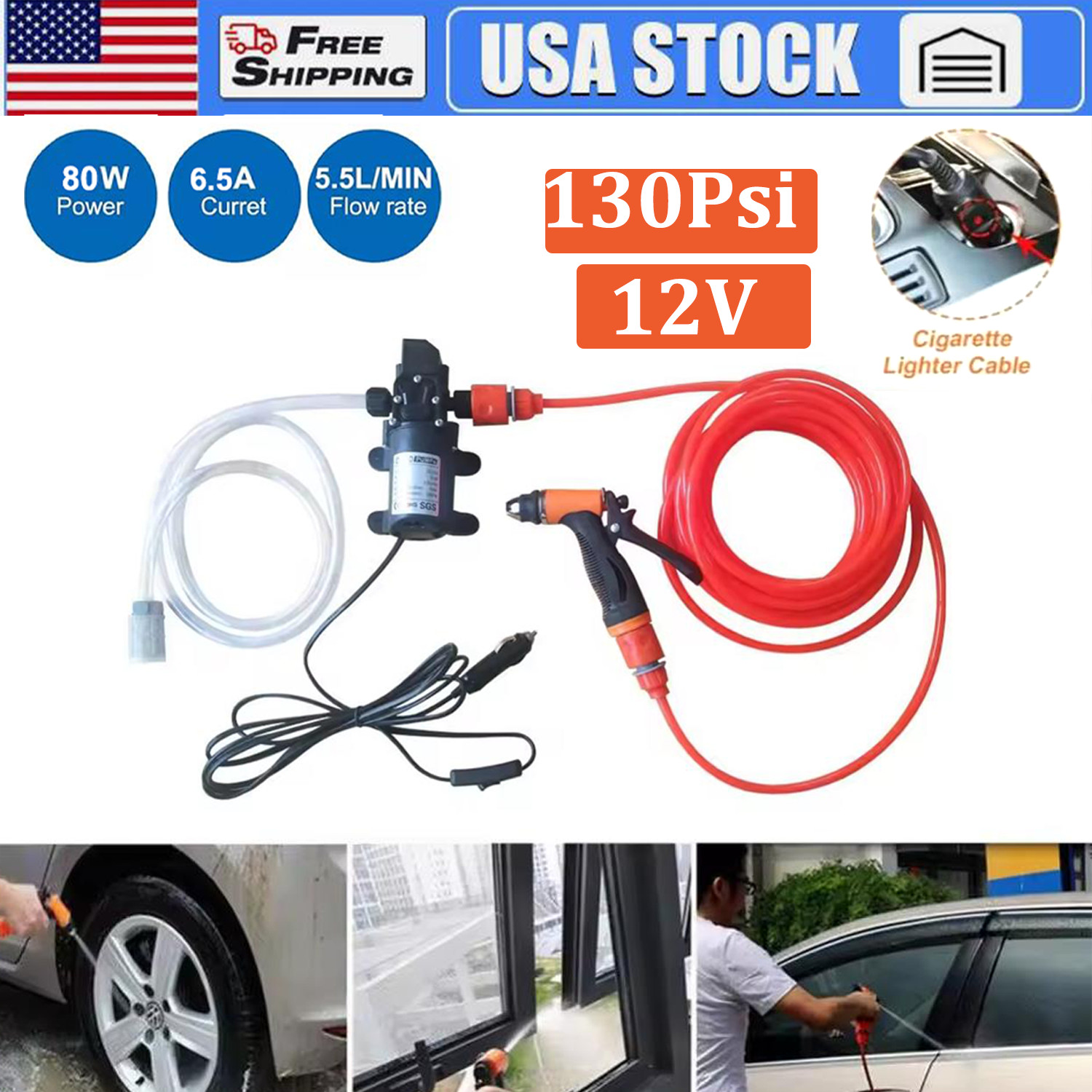 12V 130PSI Pressure Washer For Car Portable Power Washer Self-Priming Wash Pump