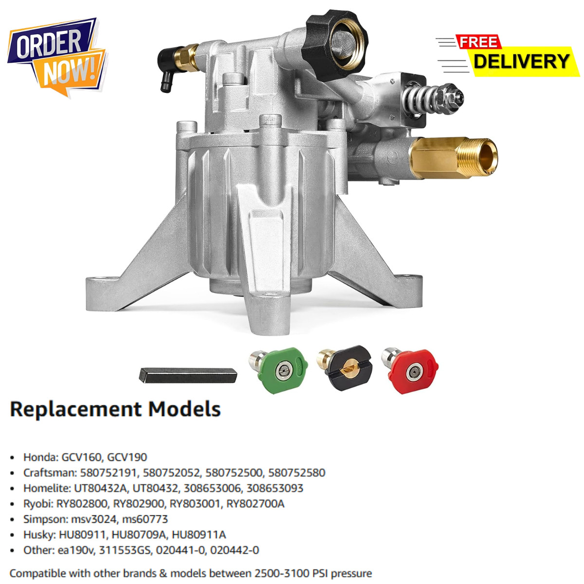 7/8″ Shaft Vertical Pressure Washer Pump 3100PSI 2.5GPM for Simpson Ryobi Honda