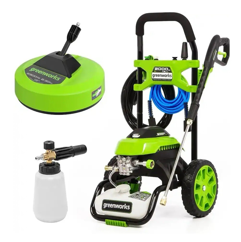 Greenworks – 2000PSI Power Washer with Foam Gun and 12″ Surface Cleaner Green
