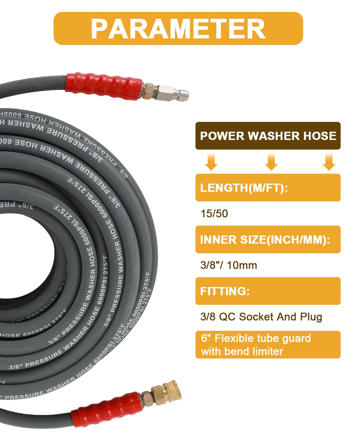 3/8″ x 50ft / 100ft Non-Marking 6000 PSI Pressure Washer Hose R2 Rating 2 Wire