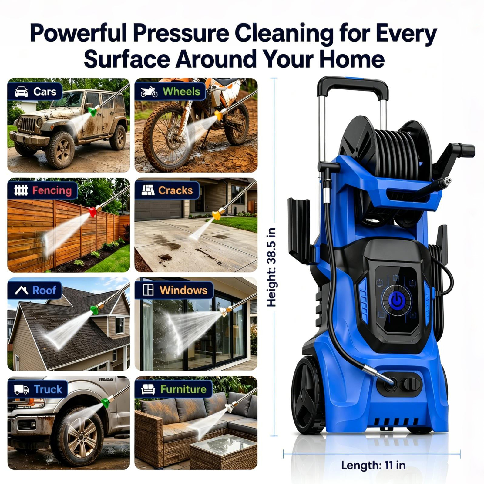 Pressure Washer 4500PSI-Max 3.8GPM with Adj-15-Level Touch Screen car,home,yard