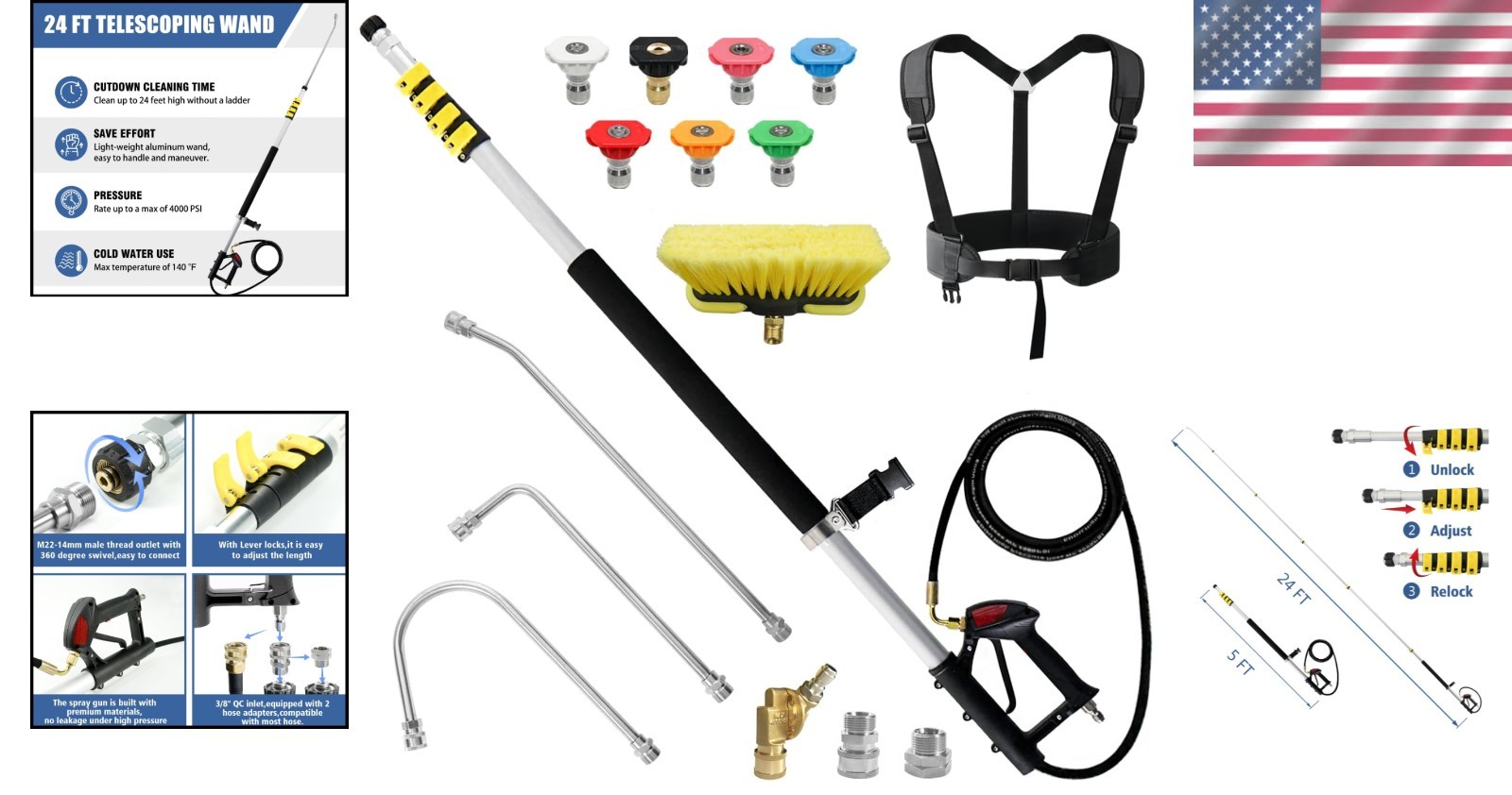 Versatile Telescoping Wand for Pressure Washers 24 Feet with Gutter Cleaner