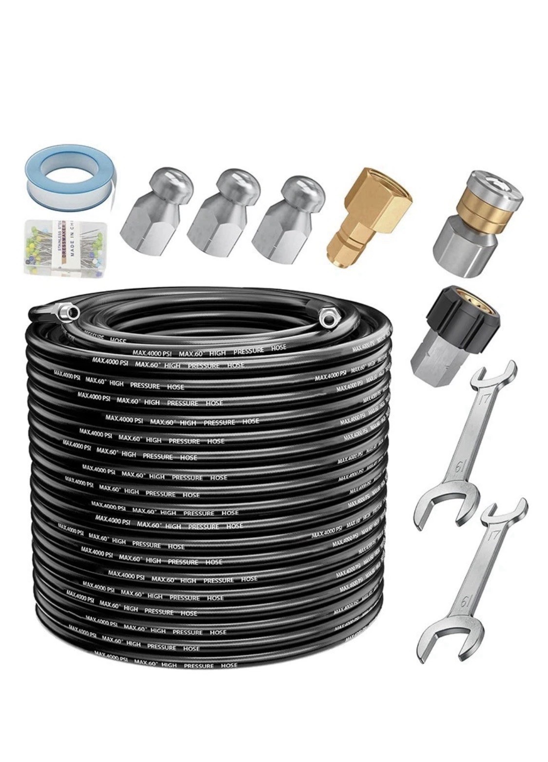 100FT Sewer Jetter Kit for Pressure Washer 4000PSI Drain Cleaner Hose 1/4 Inch