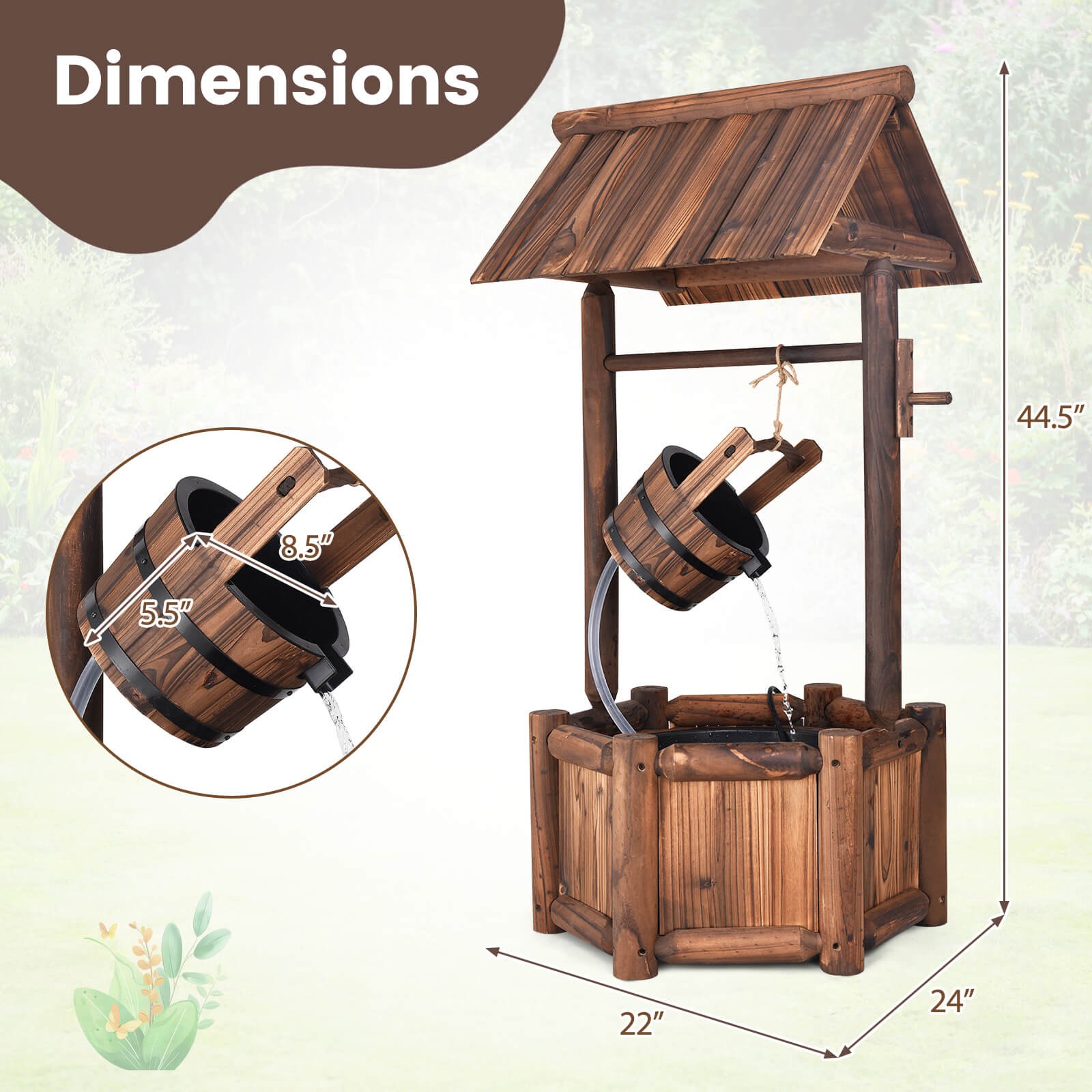 Garden Rustic Wishing Well Water Fountain Wooden Electric Backyard Pump Outdoor