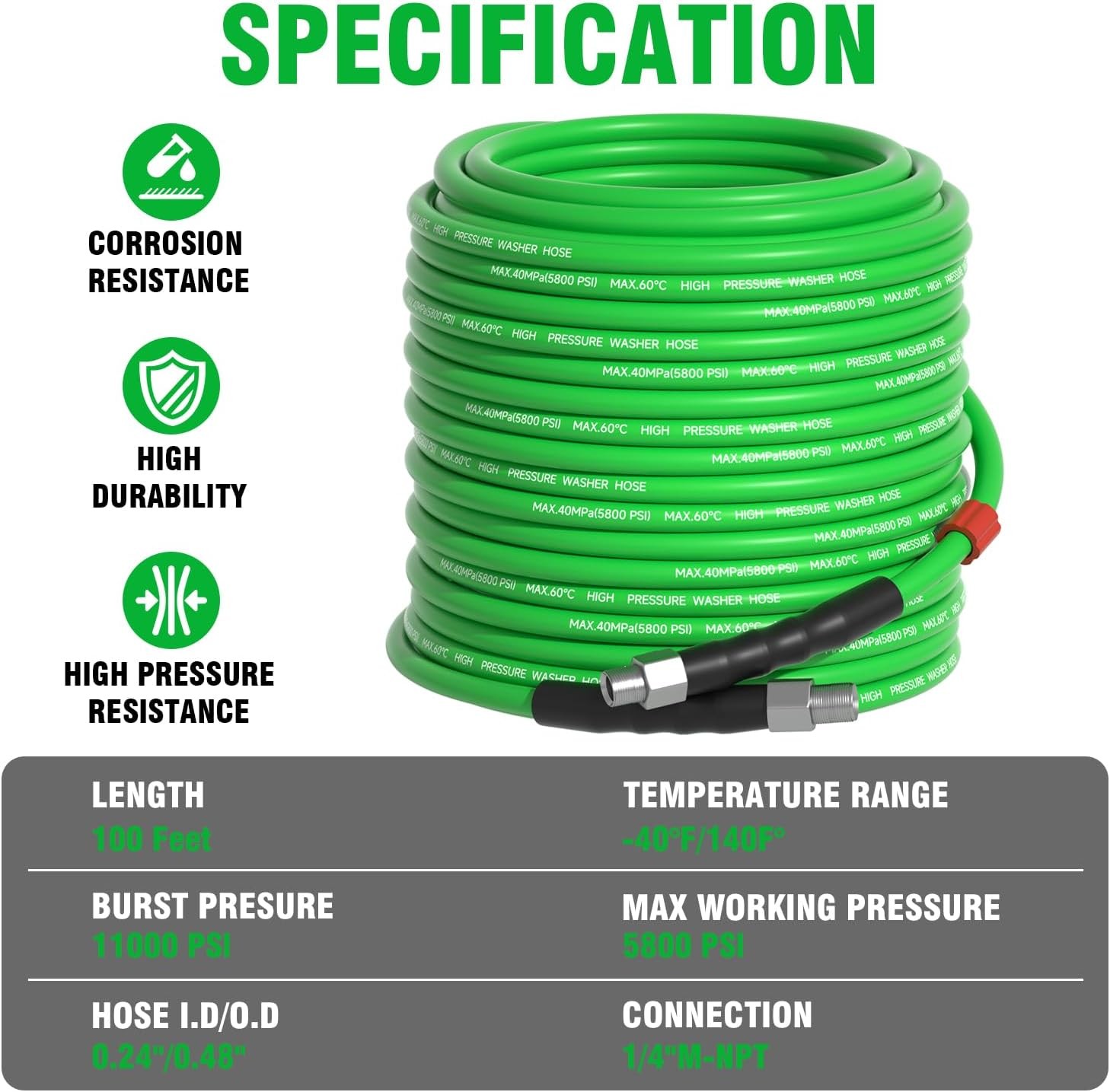 Sewer Jetter Kit for Pressure Washer 100 Ft，Drain Cleaner Hose 1/4 Inch NPT Corn