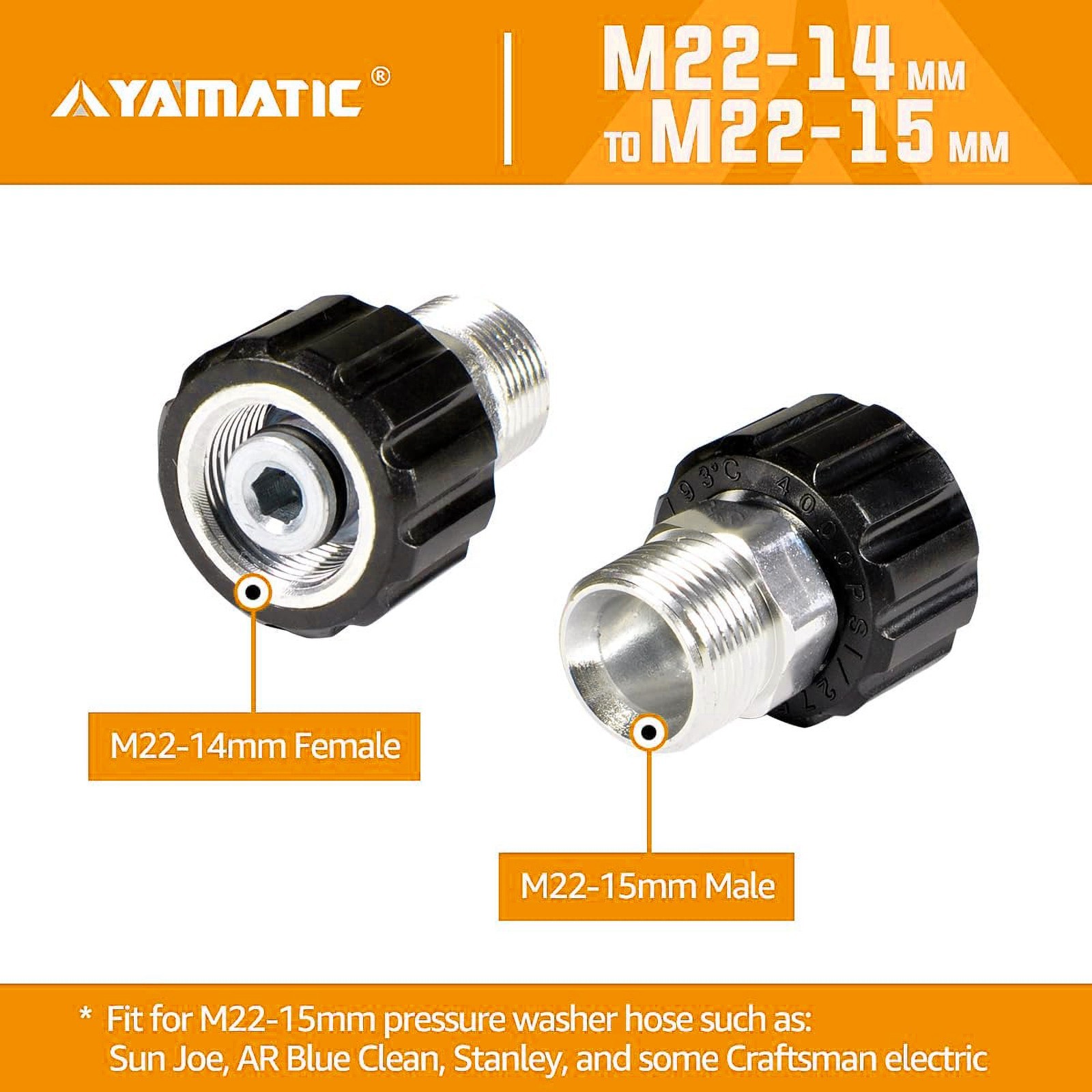 YAMATIC Pressure Washer Adapters M22-14mm Female to M22-15mm Male Fittings