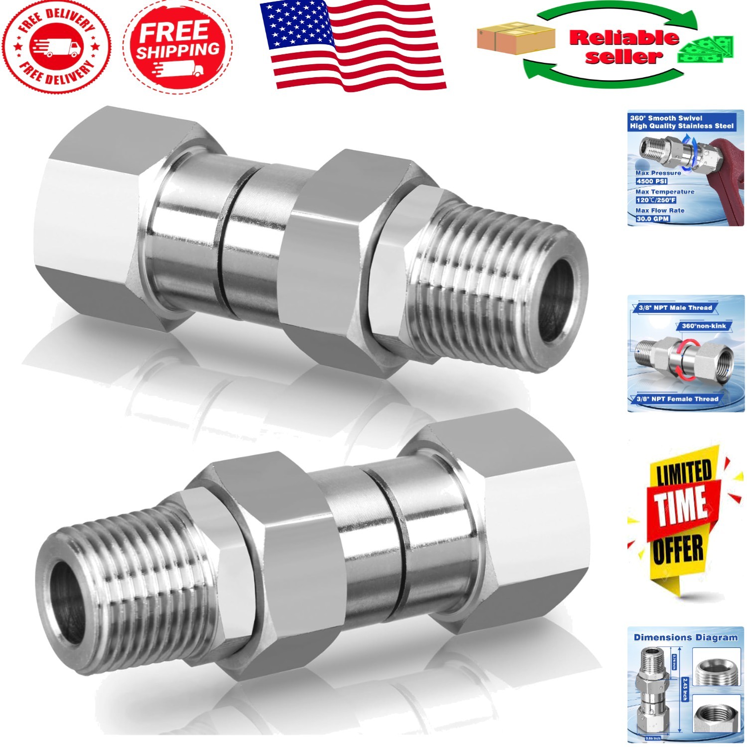 Professional 3/8″ NPT Swivel Fitting Set – 2 Pcs, 4500 PSI Anti-Twist Design
