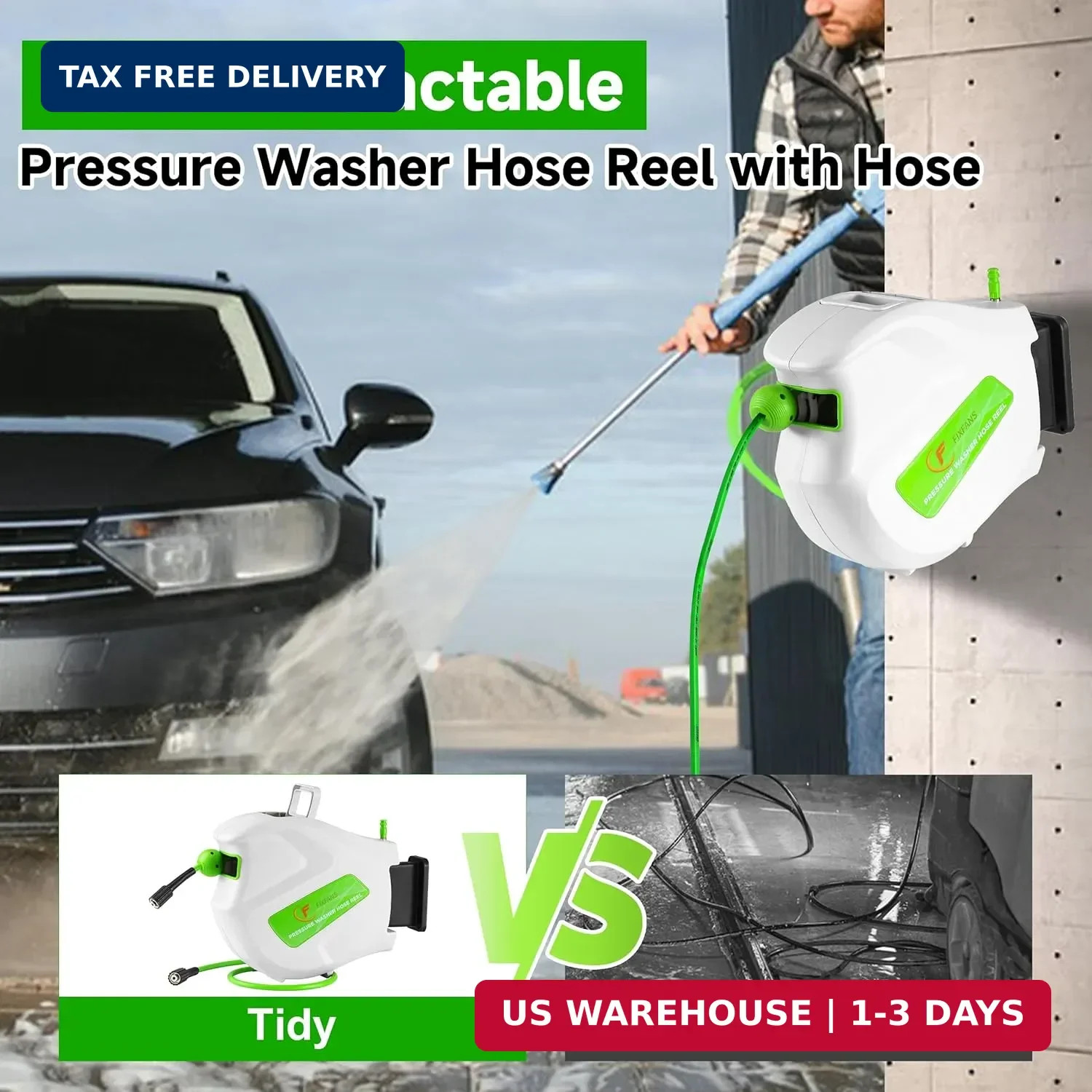 FIXFANS Pressure Washer Hose Reel, 1/4″ × 65ft | Retractable Power Washer Reel,