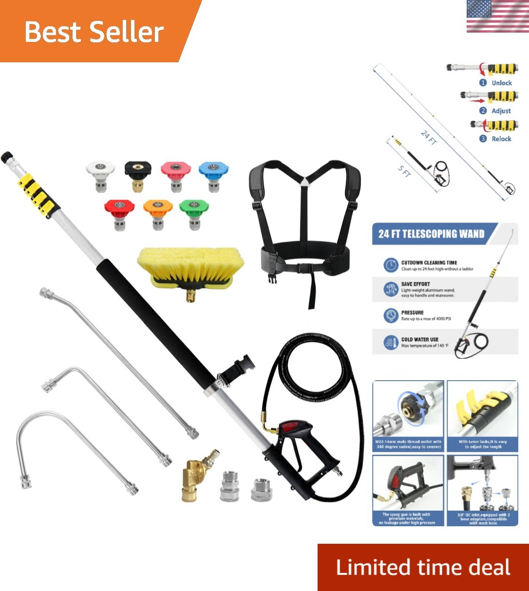 Aluminum Pressure Washer Telescoping Wand 24 FT with 2 Adapters & Support Belt