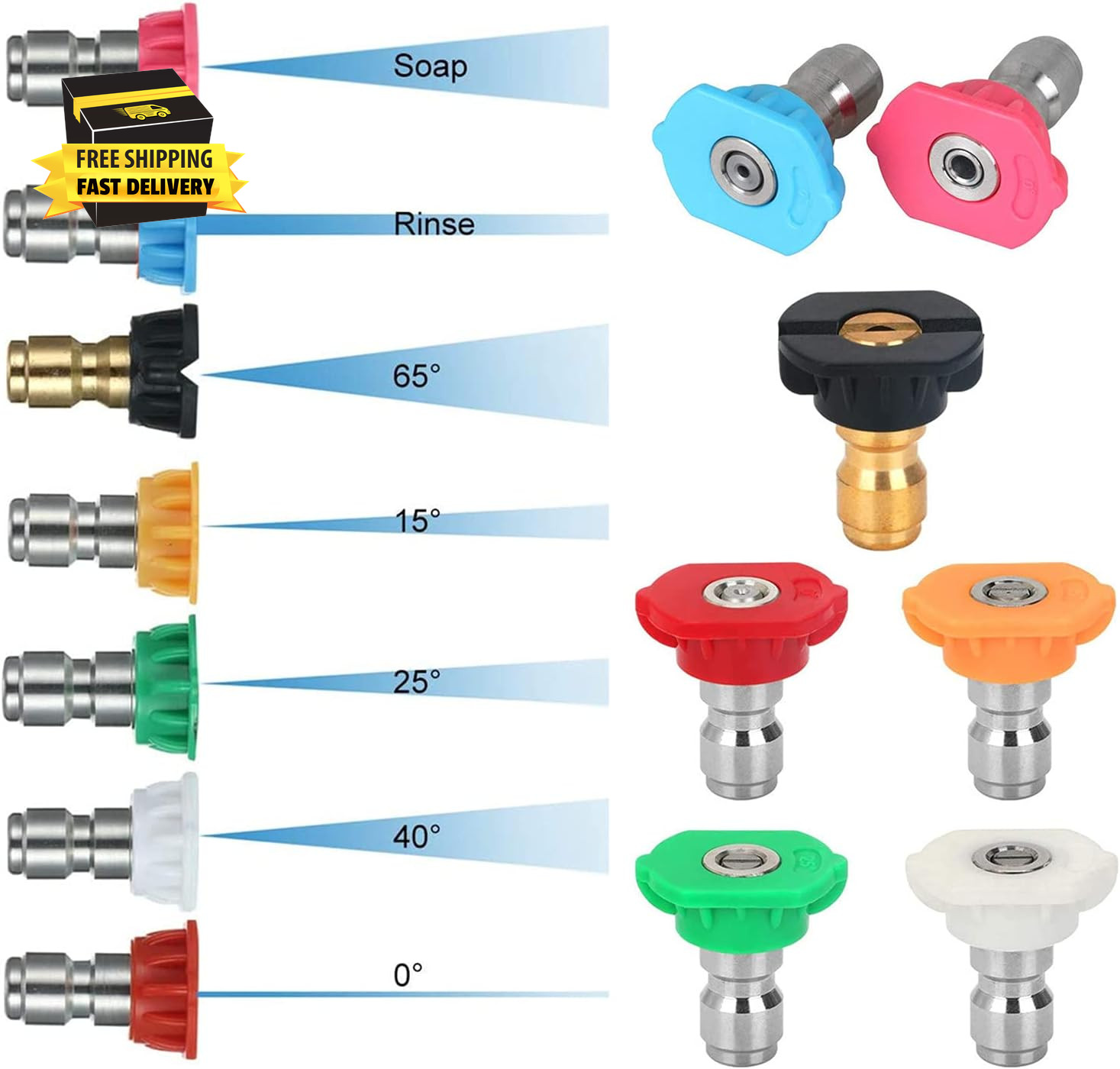 7 Pack Pressure Washer Spray Nozzle Tips Multiple Degrees, 14Inch Quick Connect,