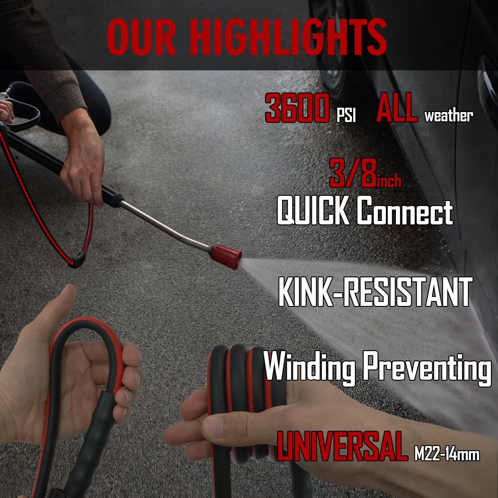 50FT 1/4″ Pressure Washer Hose, 3600PSI Kink Resistant, M22 & 3/8″ Quick Connect