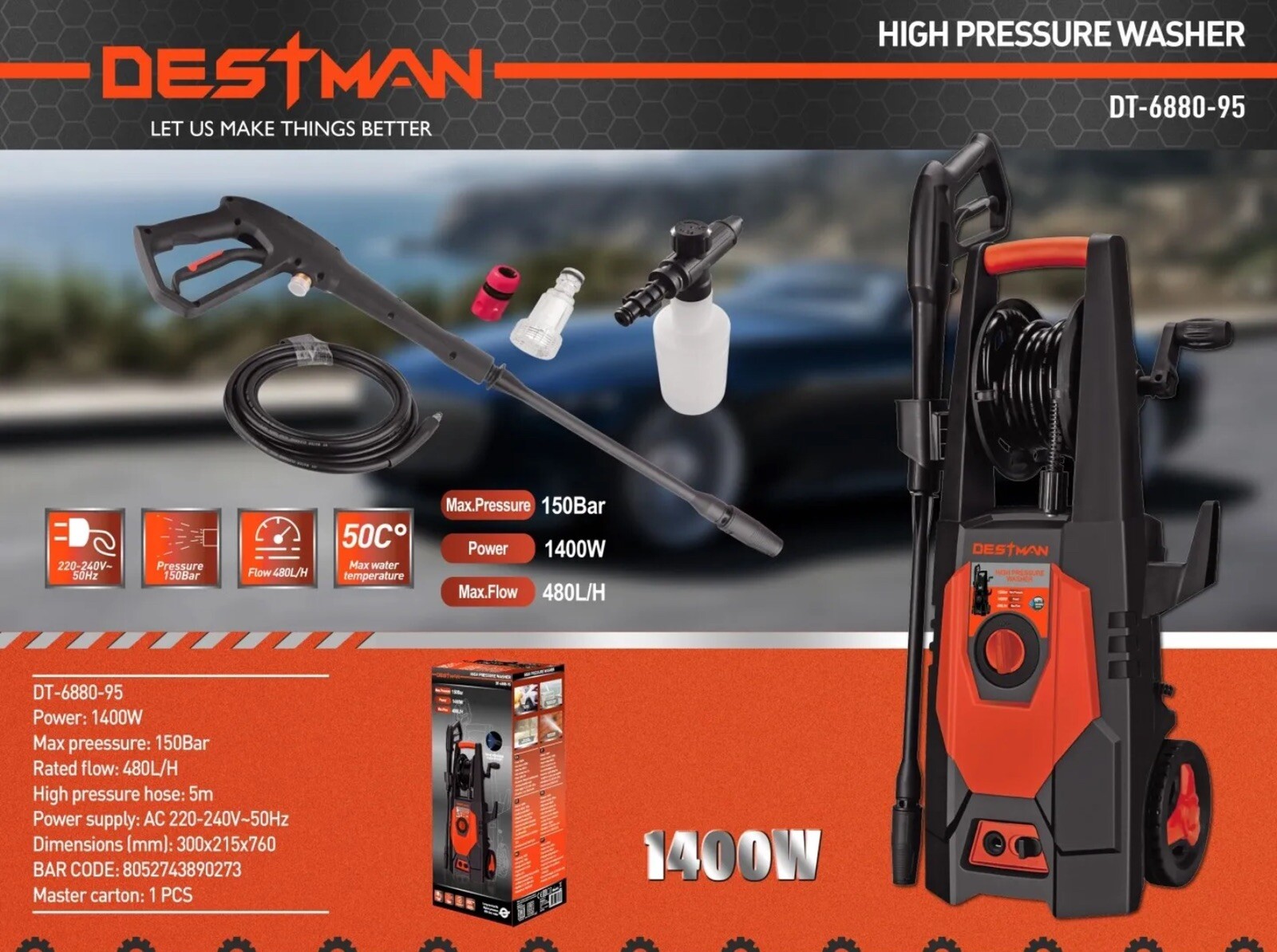 Lancia High Pressure Adjustable Pressure Washer 1400W 150 BAR Flow 420 L/H