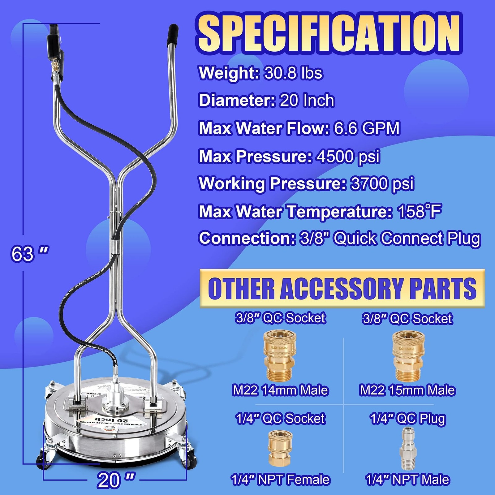 PWACCS 20″ Pressure Washer Surface Cleaner, Stainless Steel Power Wash Surfac…