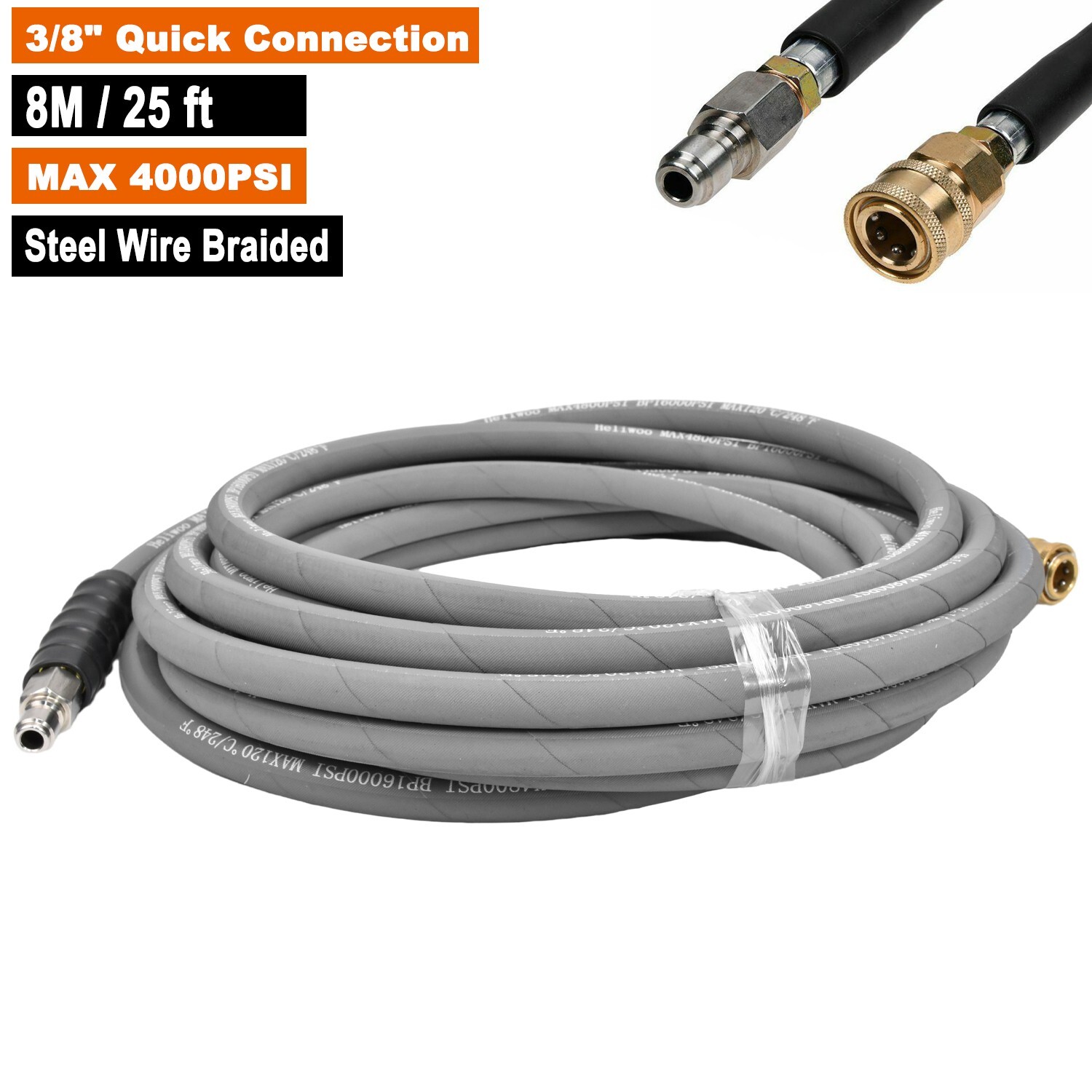 25′ Pressure Washer Hose Extension Cable 4000 PSI 25 ft Length Gray 3/8″ Coupler