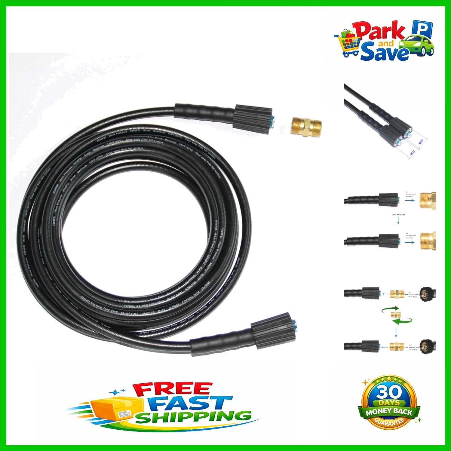 Anti-Kink 3000 PSI Pressure Washer Hose 1/4-Inch – 35FT Length, Includes Adapter