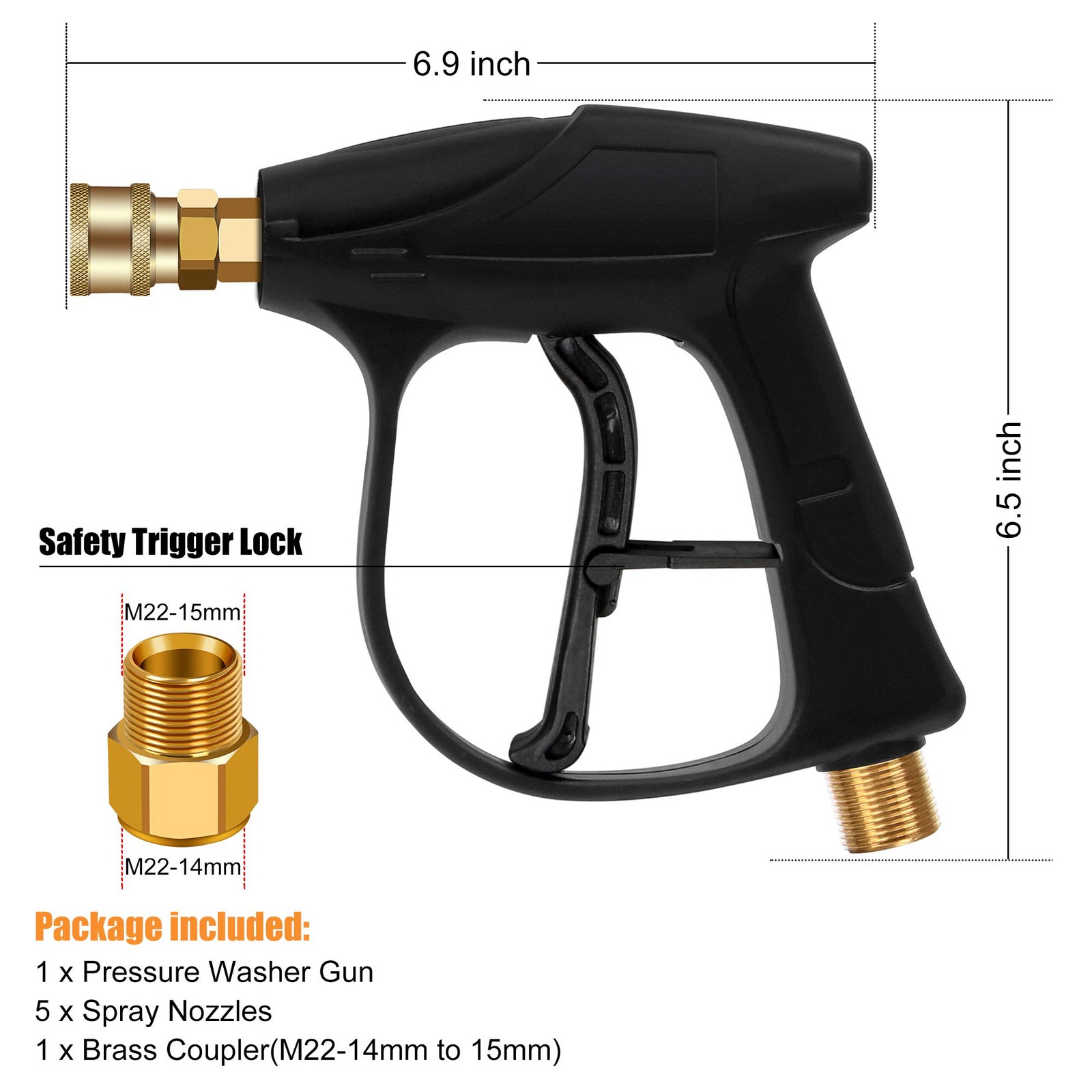 High Pressure Washer Gun 4350PSI with 5 Nozzles & M22 Brass Coupler