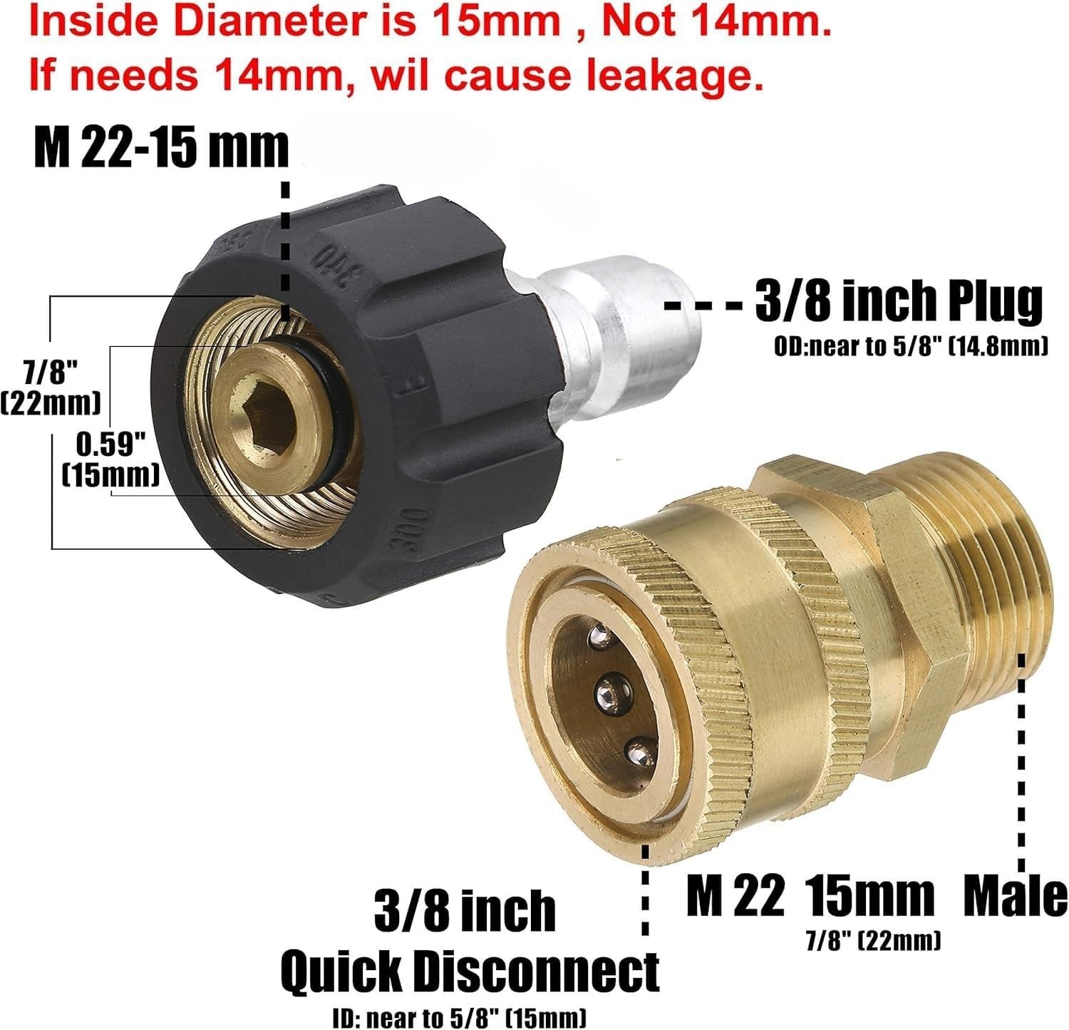 5000PSI Pressure Washer Quick Connect Kit M22-15mm for Sun Joe SPX3000 3001 4000