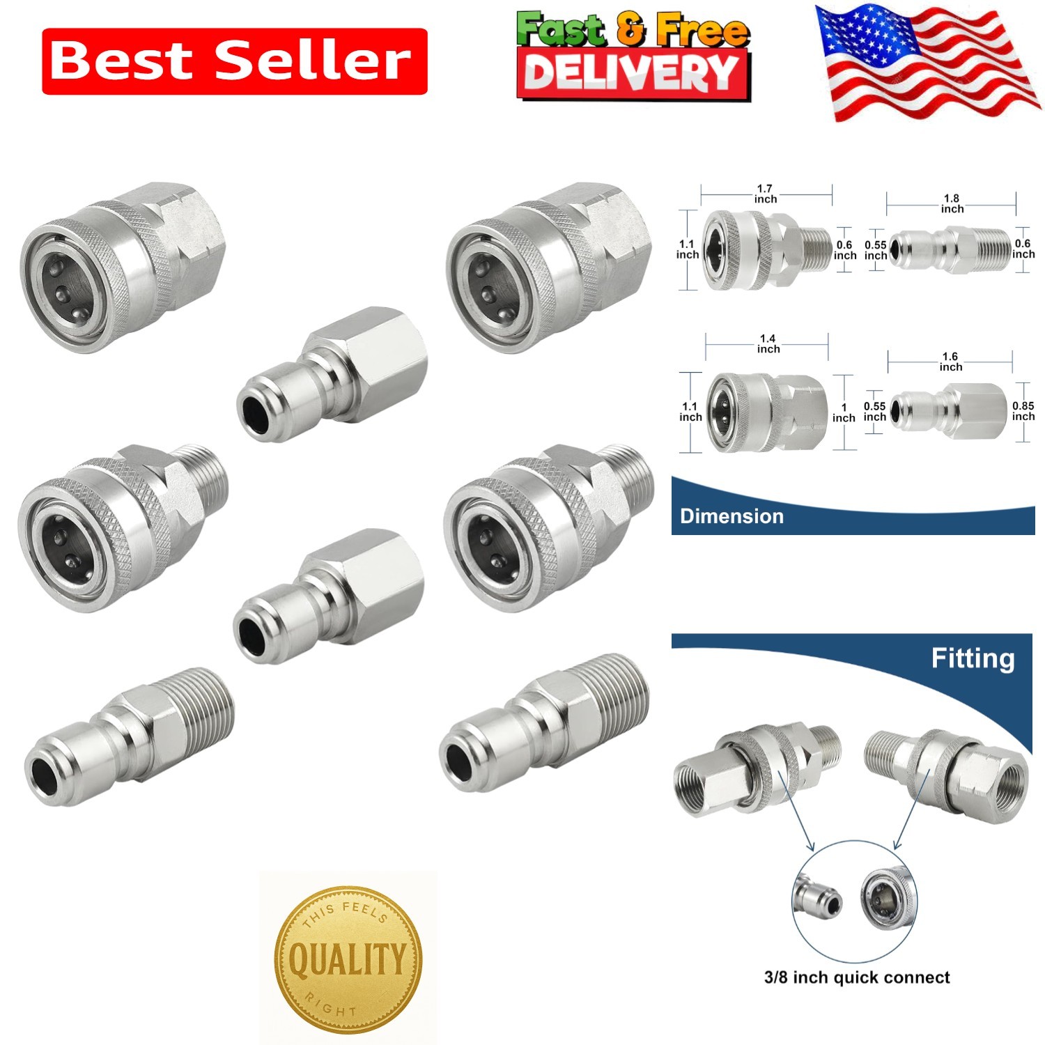 8-Piece Stainless Steel Pressure Washer Quick Connect Fittings Set – 3/8 Inch