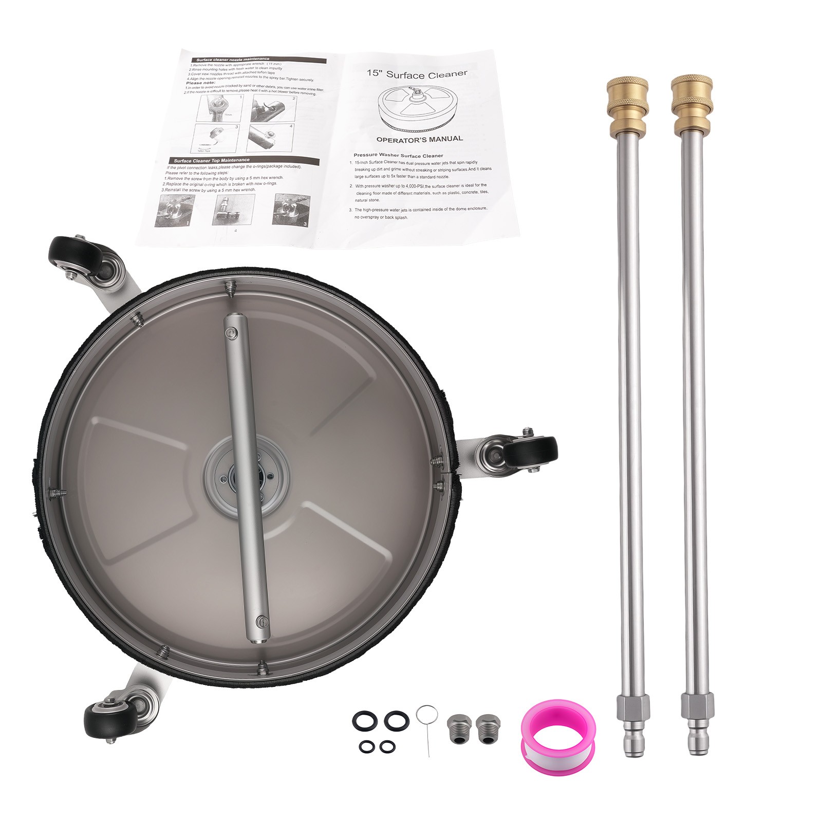 15 Inch Pressure Washer Surface Cleaner 4200PSI with 2 Extension Wands 3 Wheels