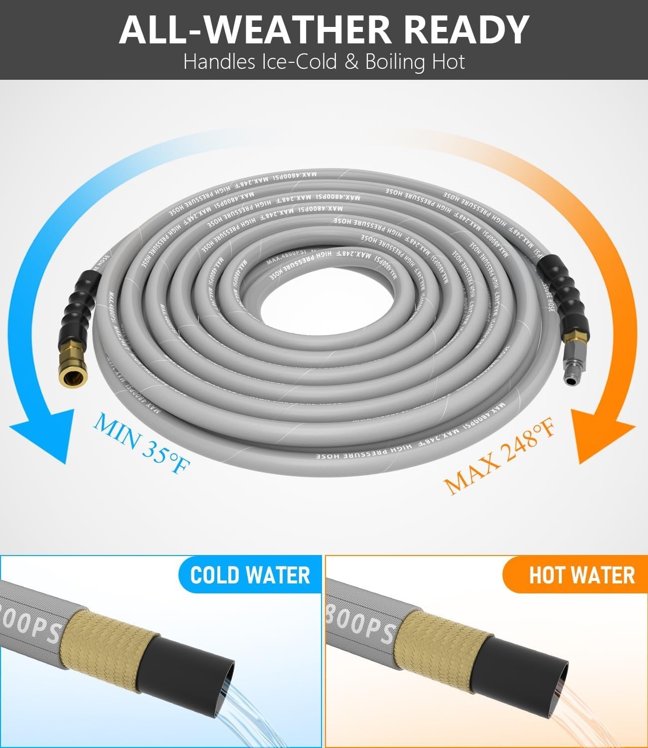 Ultra-Flexible 50FT Pressure Washer Hose 3/8″ – Steel Braided, 4800 PSI Rating
