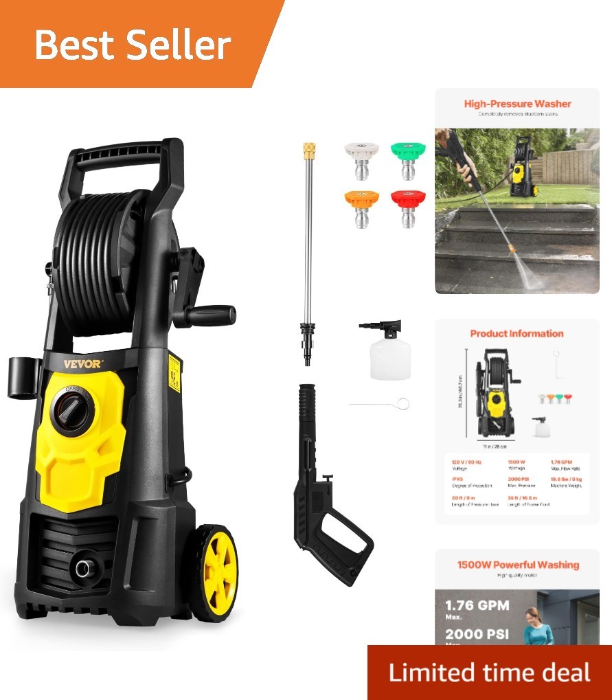 Powerful 2000 PSI Electric Pressure Washer – 1.76 GPM, Foam Cannon & Hose Reel